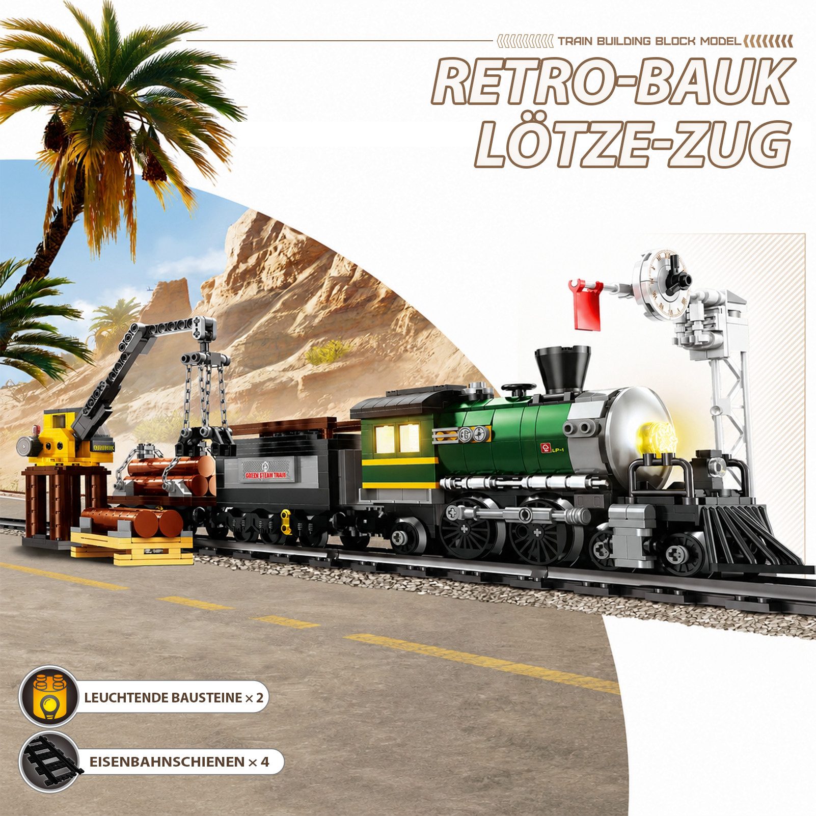 Esun Zug Retro Dampflok Klemmbausteine Set Modell mit Schienen Bauspielzeug Spielbausteine, (Set, 886 St., Komplettset), Zug Eisenbahn Geschenk für Erwachsene (886 Teile)