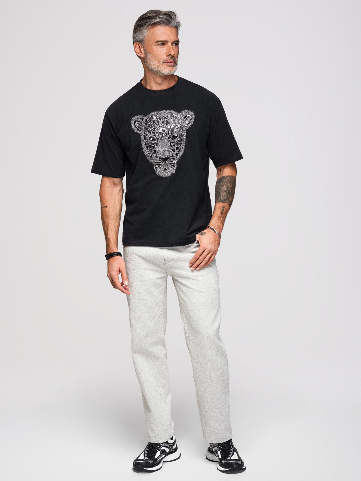 OMBRE Print-Shirt Herren Loose Fit T-Shirt mit Tiermotiv Schwarz XL (kein Set, 1-tlg) Tierische Bestandteile