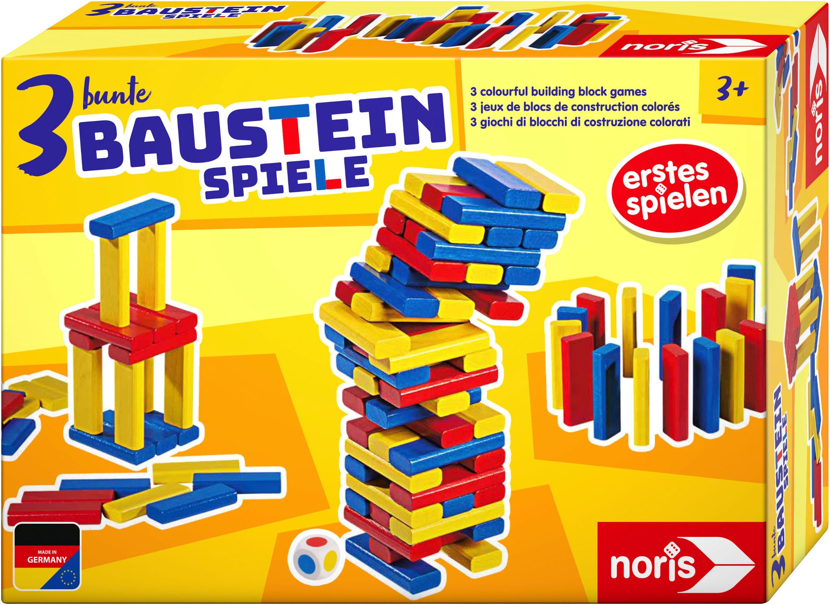 Noris Spiel, Kinderspiel 3 bunte Bausteinspiele, Made in Germany