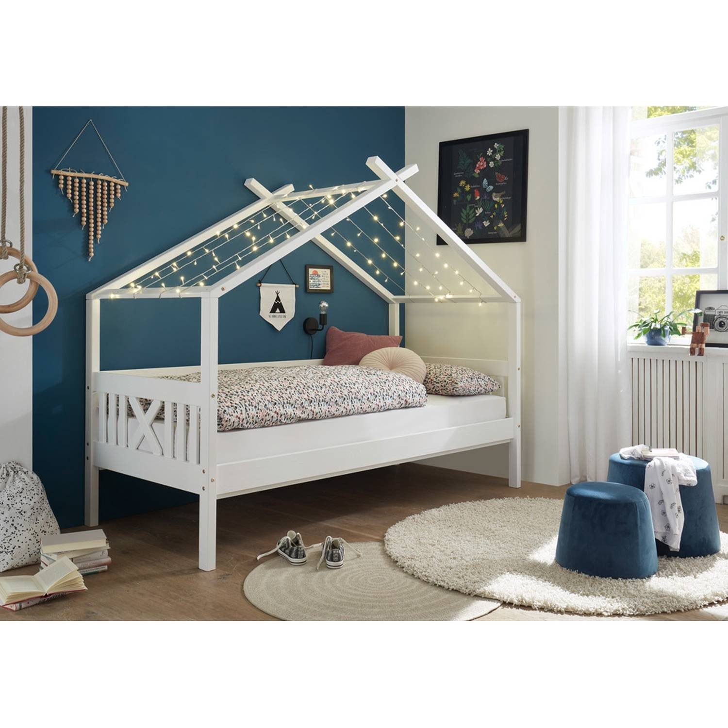 Lomadox Funktionsbett »LUANA-78«, Kinderbett mit Dach im modernem Stil aus  Kiefer massiv in weiß, B/H/T: ca. 209/170/98 cm online kaufen | OTTO