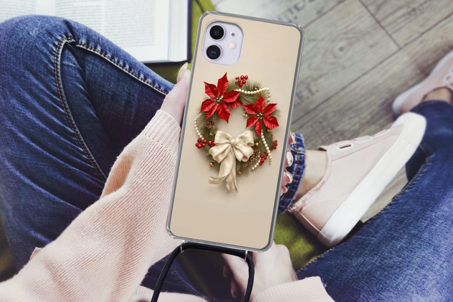 MuchoWow Handyhülle für Apple iPhone 12 Türkranz - Schleife - Weihnachten - Rot - Grün, Tragbare Handyhüllen mit Kette zum umhängen, Handykette Handyband