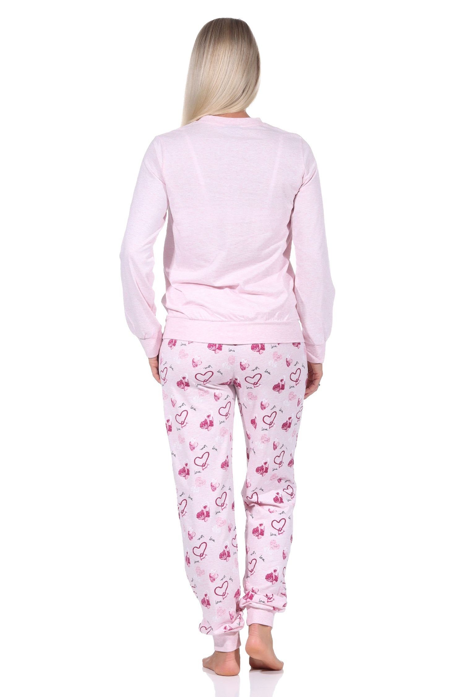 Damen rosa Bündchen Optik-auch Pyjama in Übergrößen Herz Normann in Motiv Schlafanzug mit