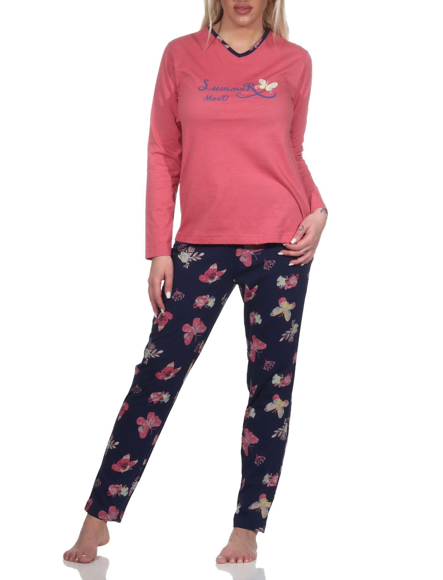Pyjama Damen langarm Schlafanzug mit Schmetterlingsmotiv - auch in Übergröße