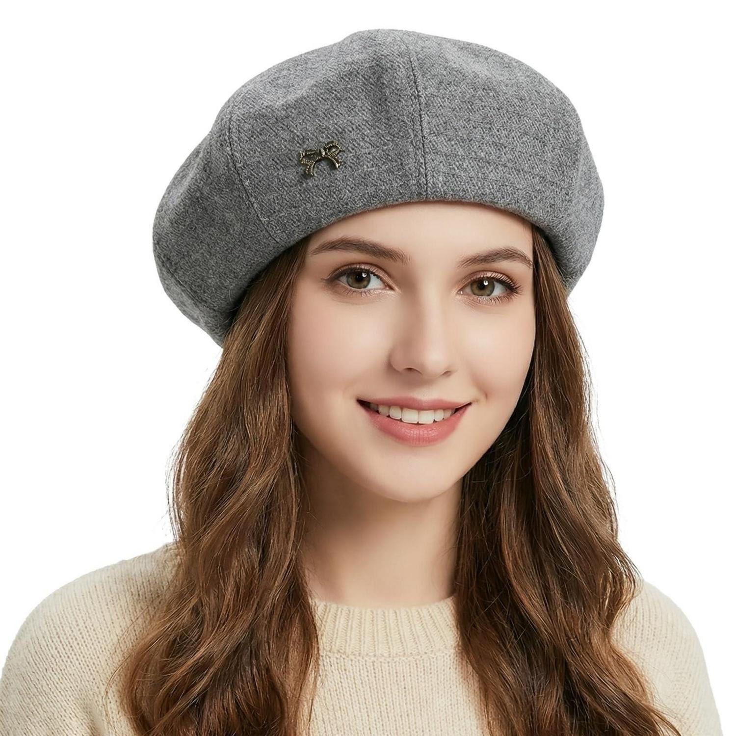 LuxusKollektion Baskenmütze Baskenmütze Damen Barett Malermütze Achteckig 56-58 Grau