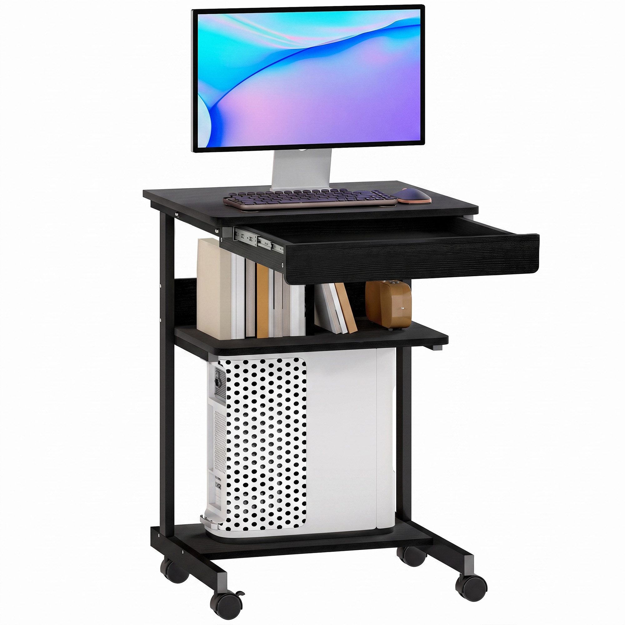 HOMCOM Schreibtisch Computertisch PC Tisch mit CPU-Ständer, Schublade (Bürotisch, 1-St., 1 Tisch), für Home Office, Schlafzimmer Schwarz