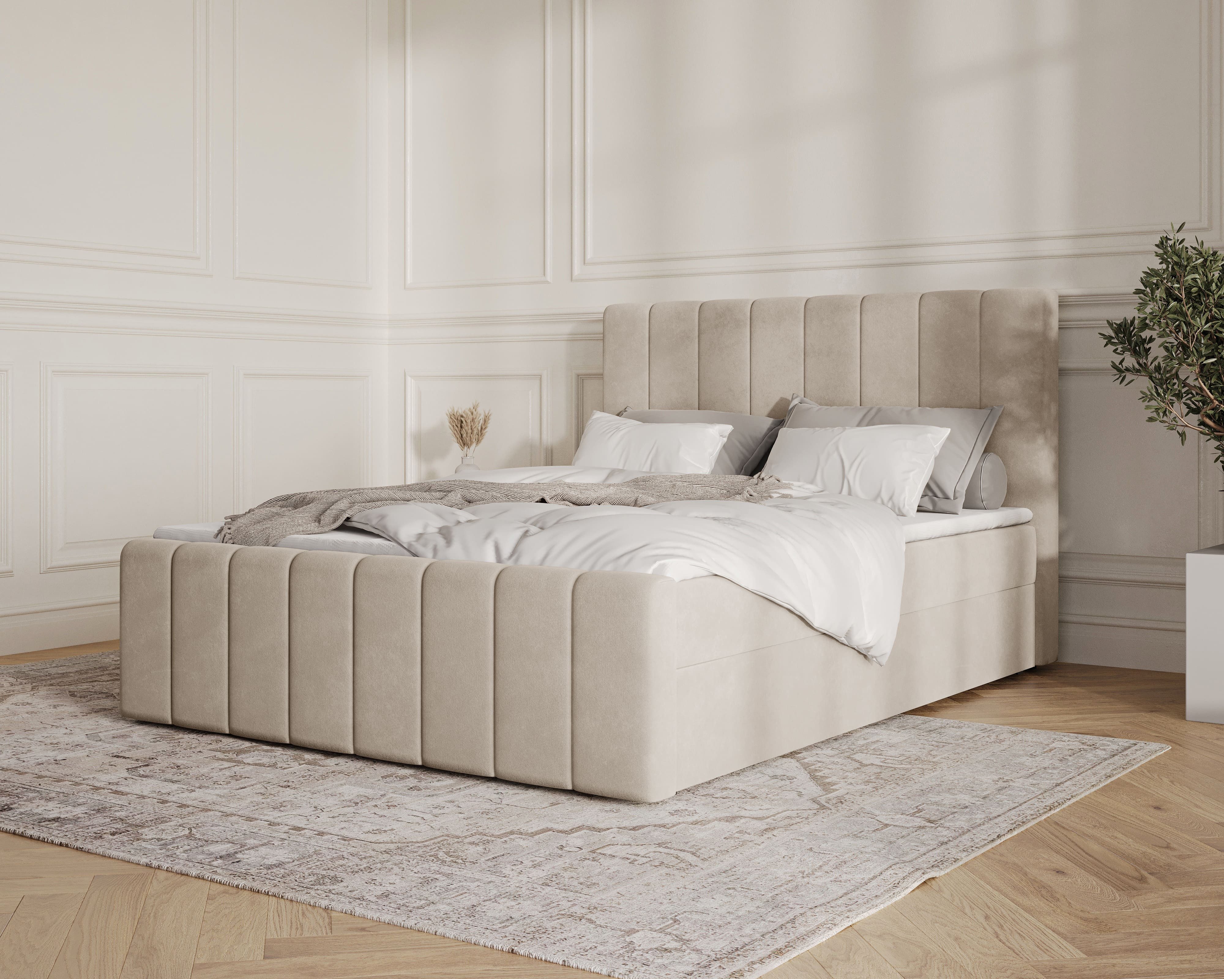 MOEBLO Boxbett BETT 01 BIS (Bonell, Topper, modernes Velours-Design mit Steppung & Stauraum, Doppelbett gepolstertes Kopfteil mit Bettkasten, aus Samt, Polsterbett Kontinentalbett, dekorativem Kopfteil, aus Samt), - (BxHxT):144/164/184x113x223 cm