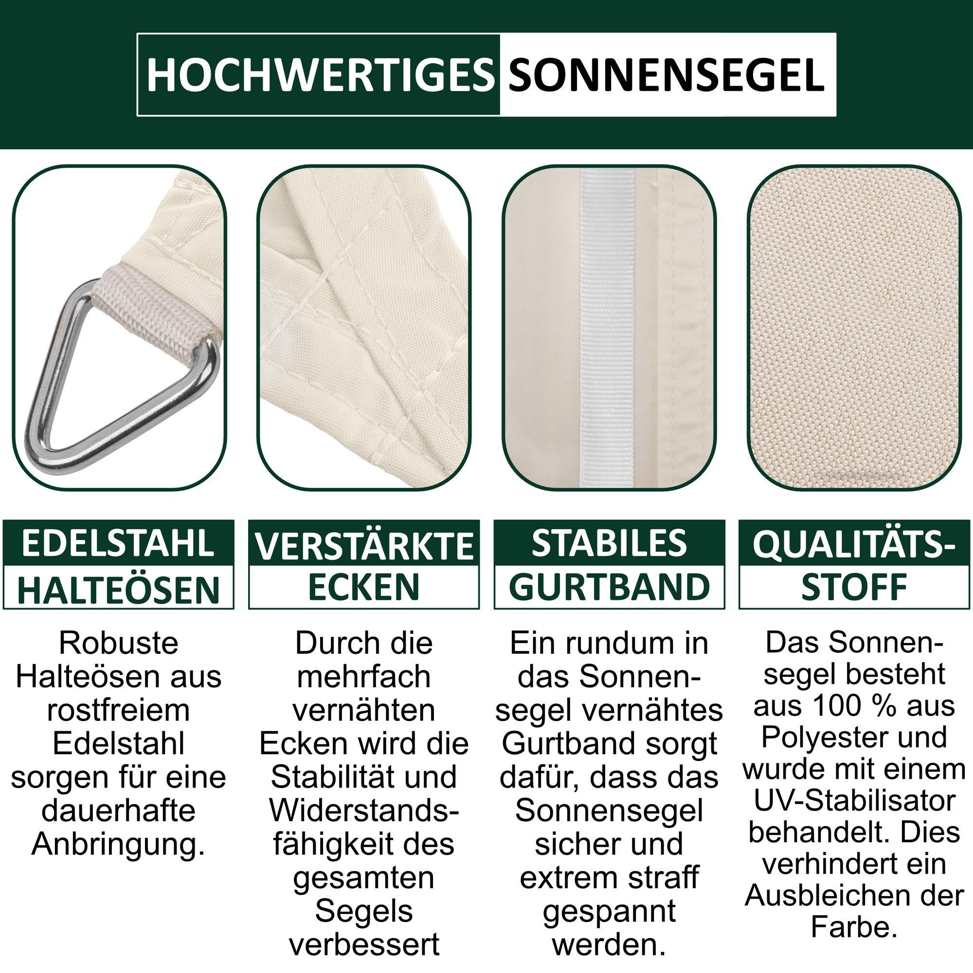 bonsport Sonnensegel Sonnensegel aus 100% Polyester, (Quadrat 2x2m Creme), Polyester