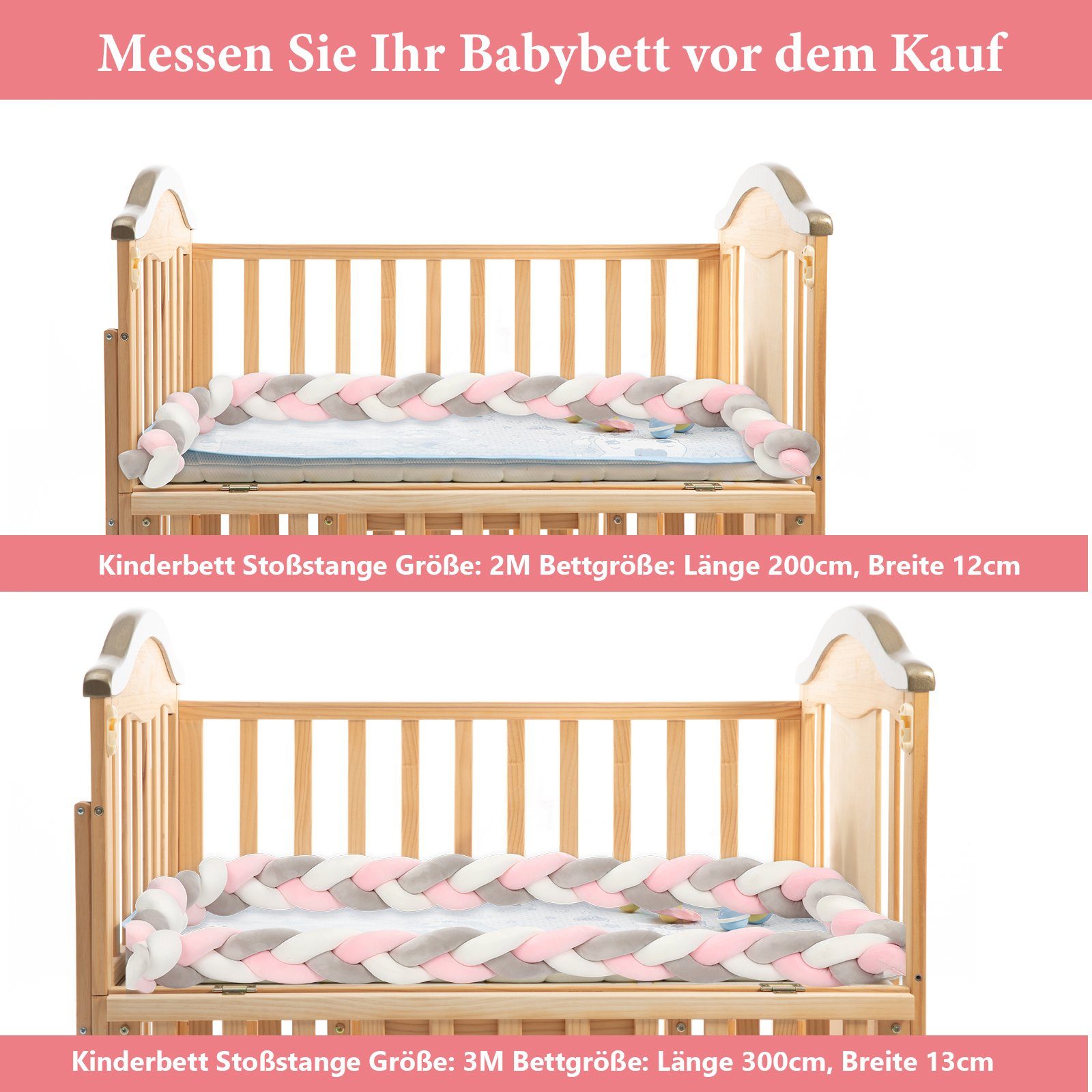 Bettschlange Baby (200-tlg) 2M/3M, Bettumrandung Rosa Nestchen Bettnestchen Babybett Kopfschutz Weiß Gimisgu Grau