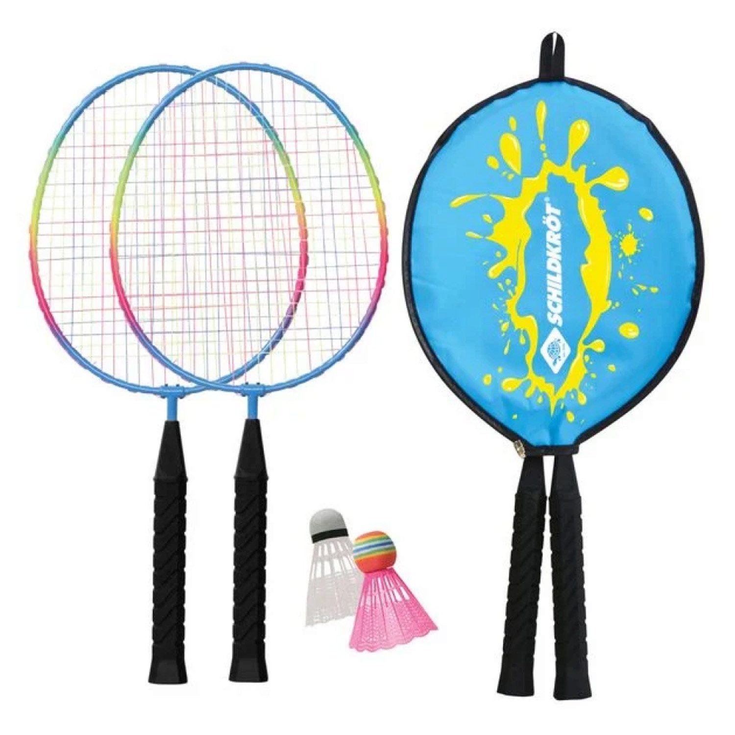 Idee+Spiel Badmintonschläger Badminton Set 2 Schläger 45,5 cm inkl. Federbäll, (5-tlg., 2x Schläger, 2x Federball, 1x Kopfhülle), Verkürzte Schläger gehärtetem Stahl 2 Spieler