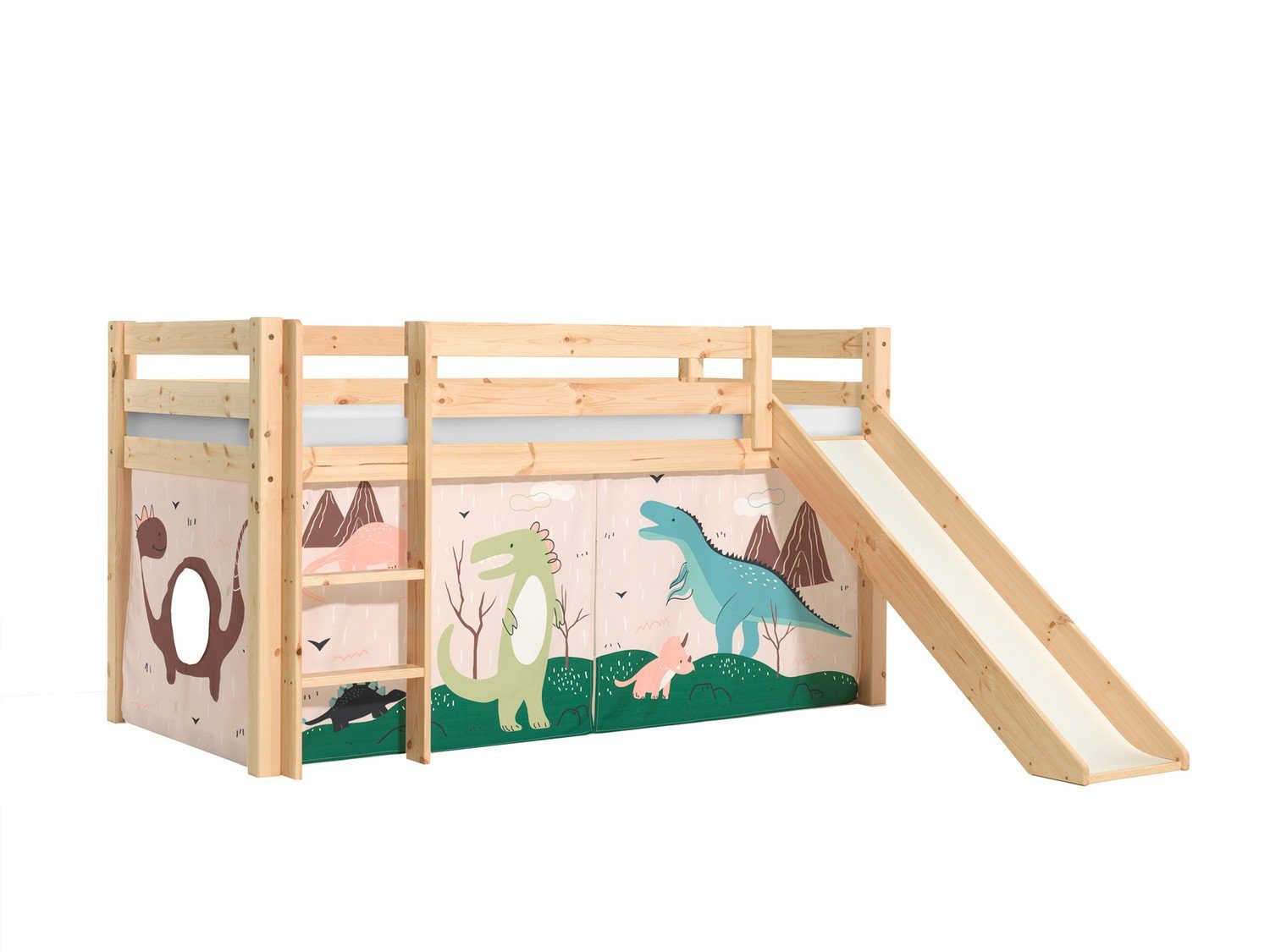 Natur24 Kinderbett »Halbhohes Bett Pino mit Rutsche und Textilset Dino  Kiefer Natur lackiert«