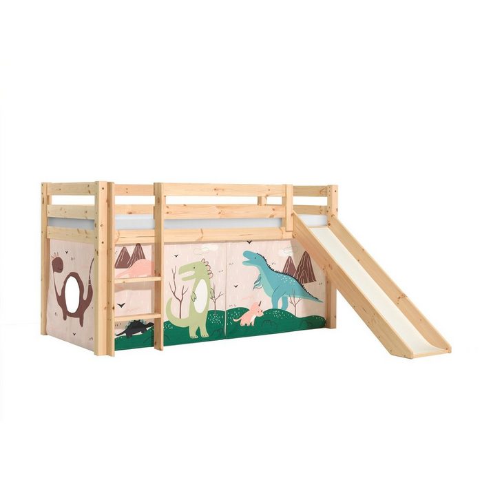 Natur24 Kinderbett Halbhohes Bett Pino mit Rutsche und Textilset Dino Kiefer Natur lackiert