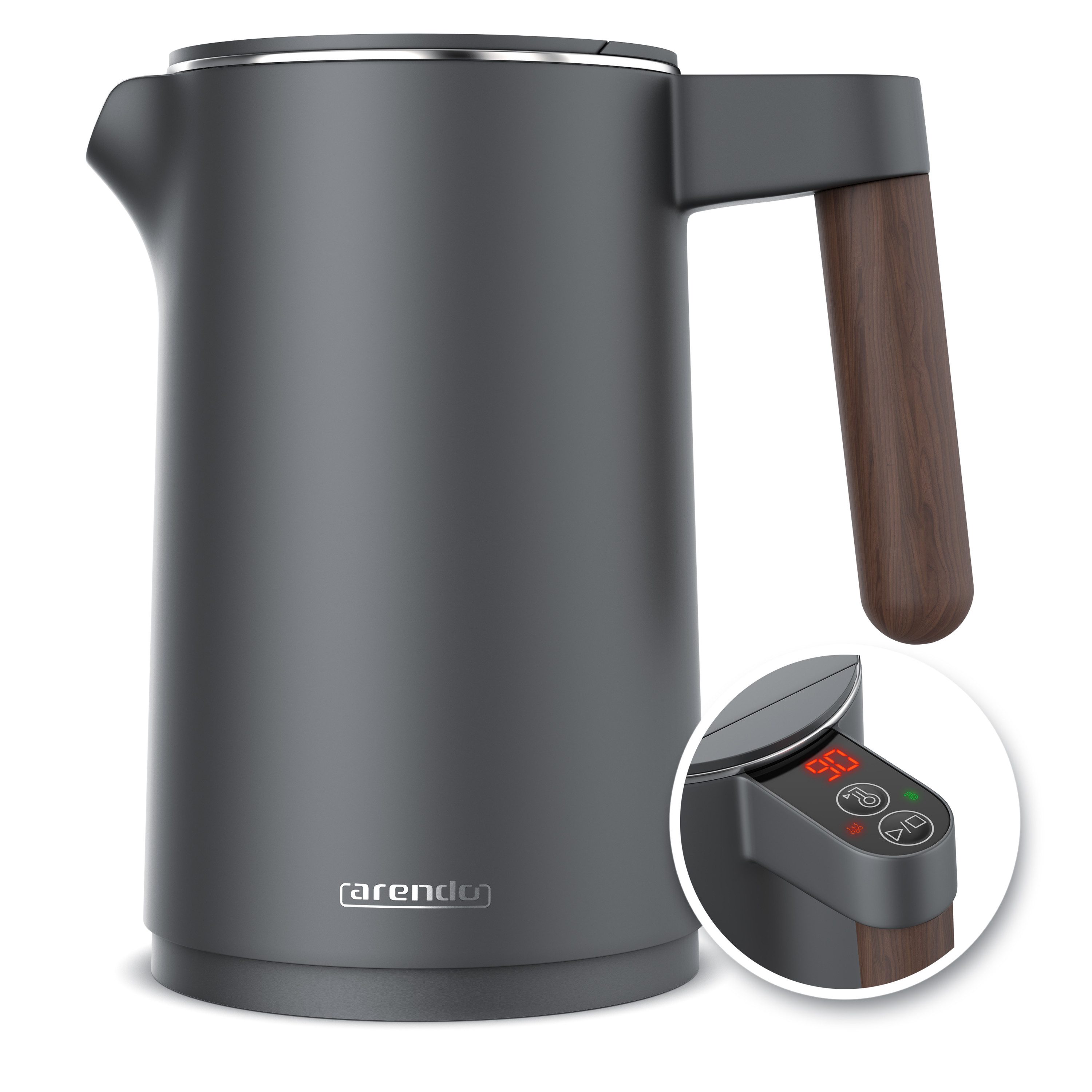 Arendo Wasserkocher Edelstahl, Temperatureinstellung 40° - 100 °C mit Anzeige, Doppelwand, 1,5 l, 2200 W, Warmhaltefunktion, 360° Basis, mit Griff in Holzoptik, BPA-frei