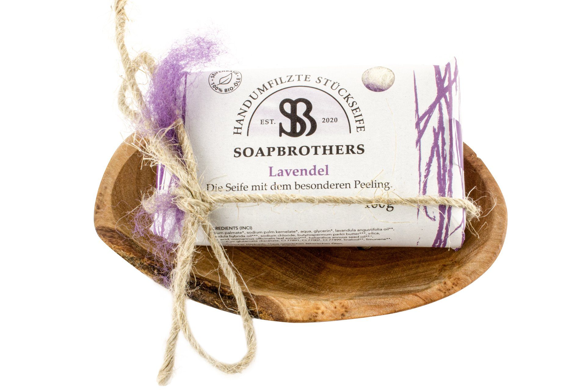 Naturkosmetik Seifen-Set Geschenk-Box Düfte, Soapbrothers 2-tlg., versch. lila und 8 Naturkosmetik Olivenholzseifenschale