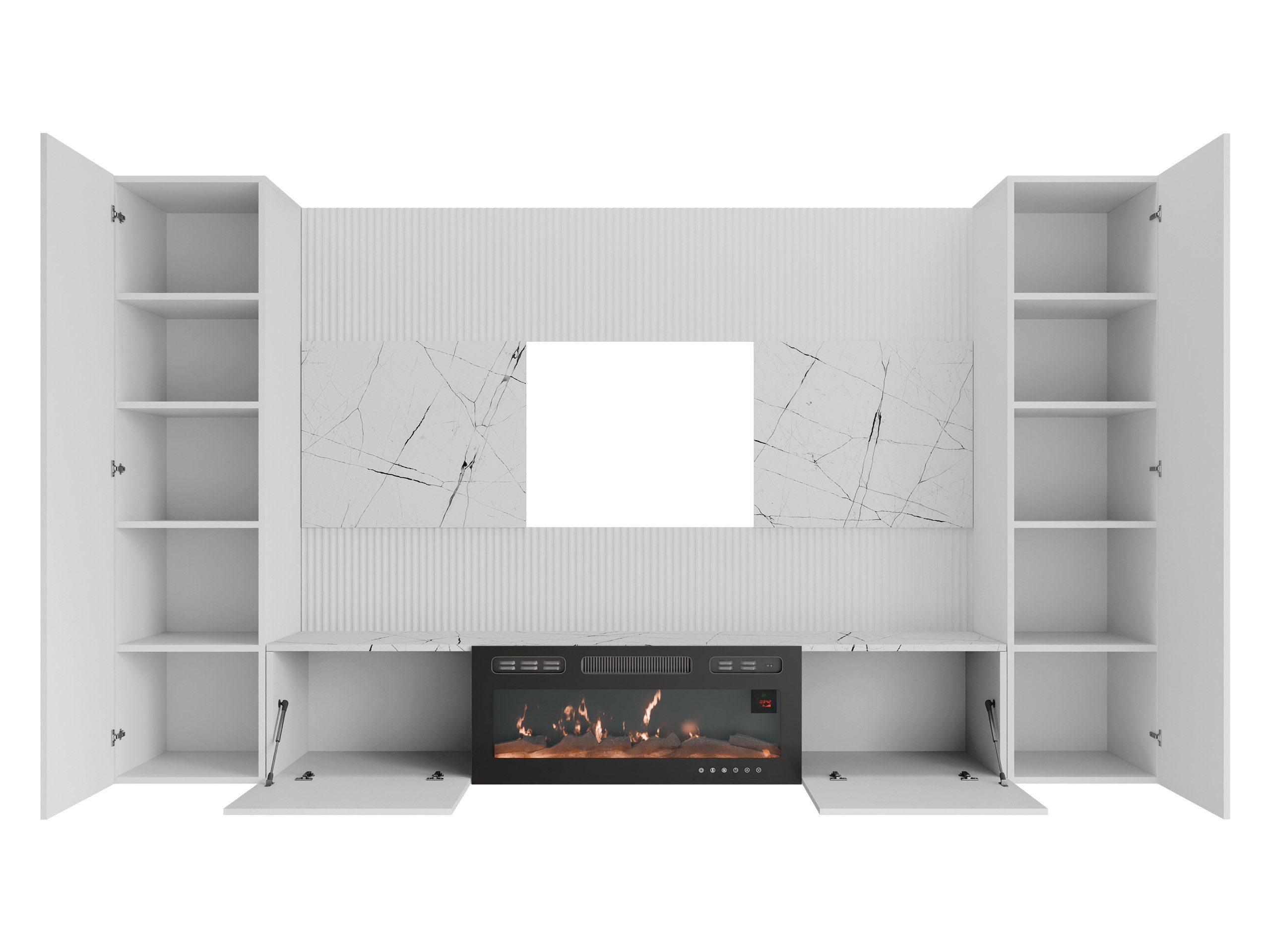 MIRJAN24 Wohnwand Deromi V mit Kamin, (4er-Set, TV-Lowboard mit Wandpaneel, 2x Hängeschrank), Realistische LED-Flamme, Push to open – Bild 5 von 5