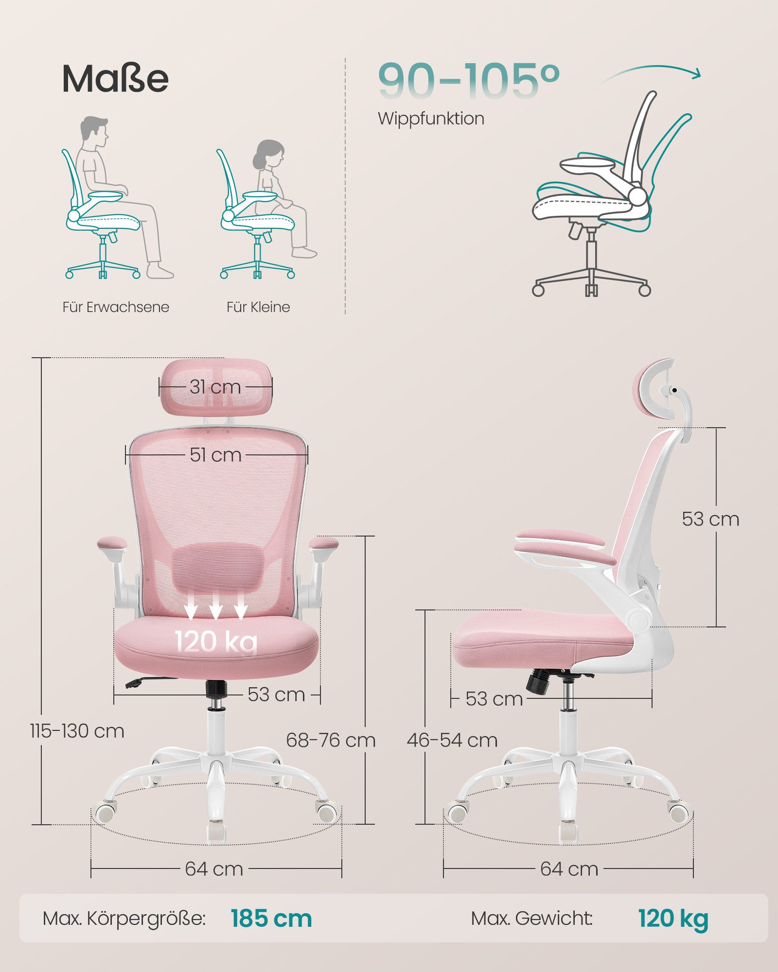 SONGMICS Bürostuhl ergonomischer Drehstuhl mit Mesh, Lendenstütze, Wippfunktion, mit Kopfstütze, 53 cm breite Sitzfläche und klappbaren Armlehnen