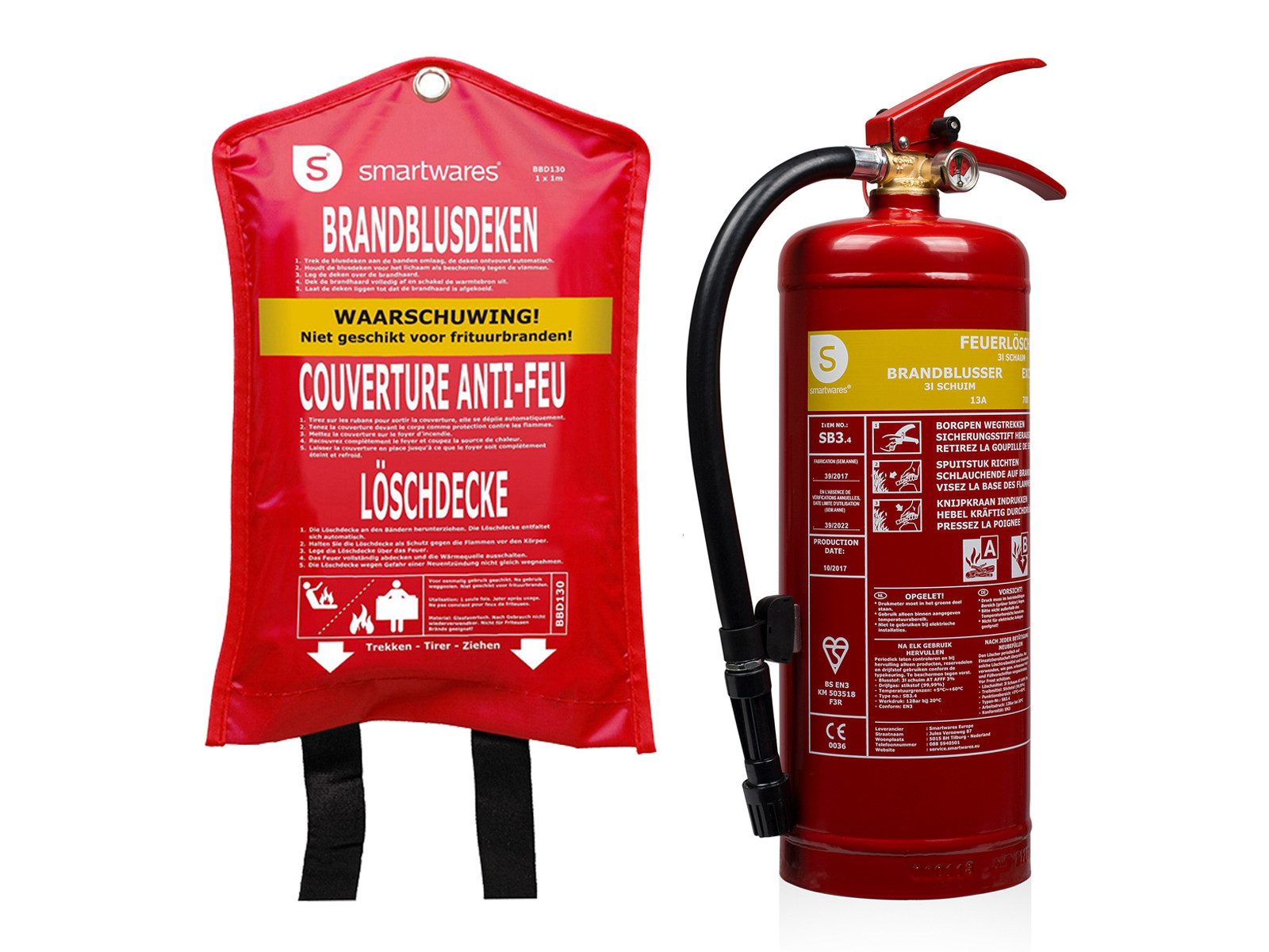 smartwares Schaum-Feuerlöscher, Schaum, als Set mit Löschdecke, für Zuhause Auto, DIN EN 3, Brandklassen A B