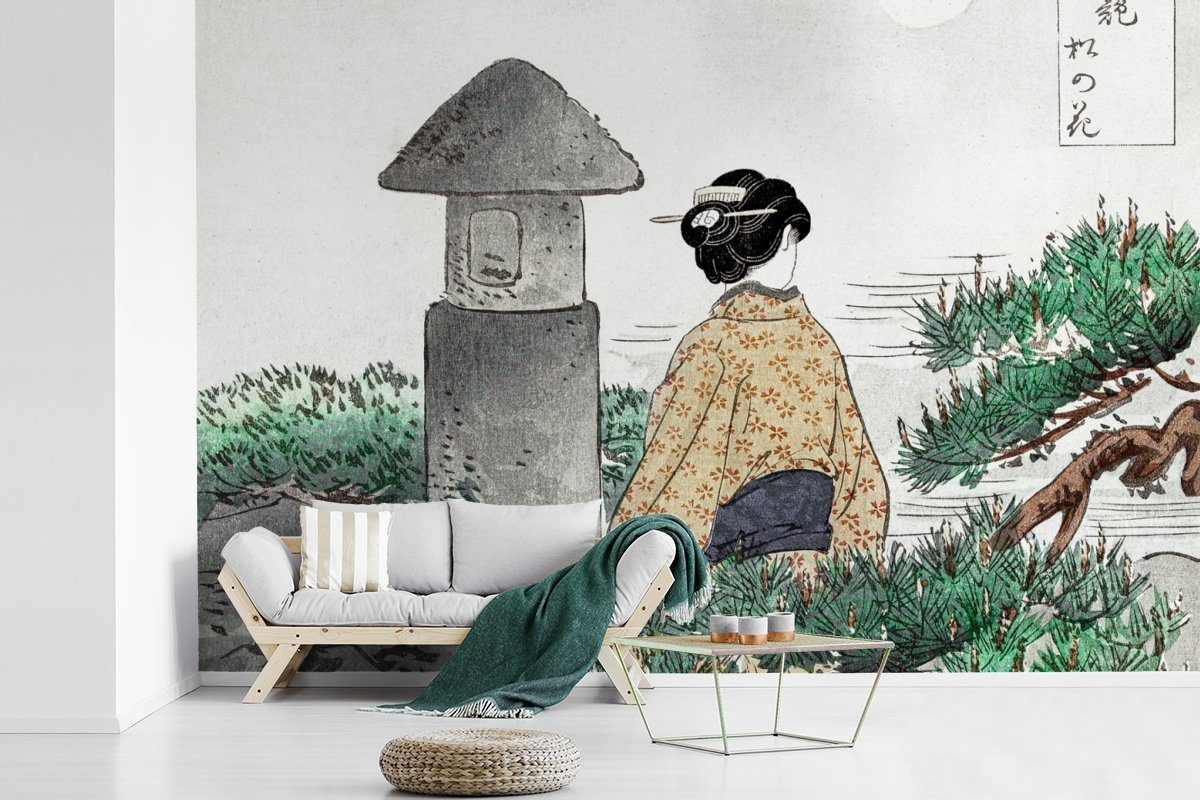 - Natur - Wallpaper Frau Fototapete - St), bedruckt, Kinderzimmer, Kimono, für Wohnzimmer, Vinyl Japan (6 Tapete MuchoWow Schlafzimmer, Matt,