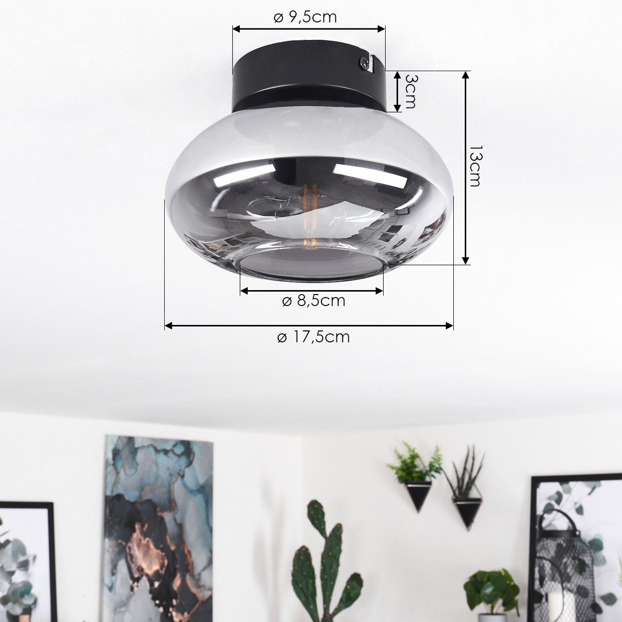 hofstein Deckenleuchte »Pietramelara« Deckenlampe aus Metall/Glas in Schwarz/Rauchfarben, ohne Leuchtmittel, runde Leuchte mit Schirm aus Echtglas, Ø17, 5cm, 1x – Bild 4 von 5