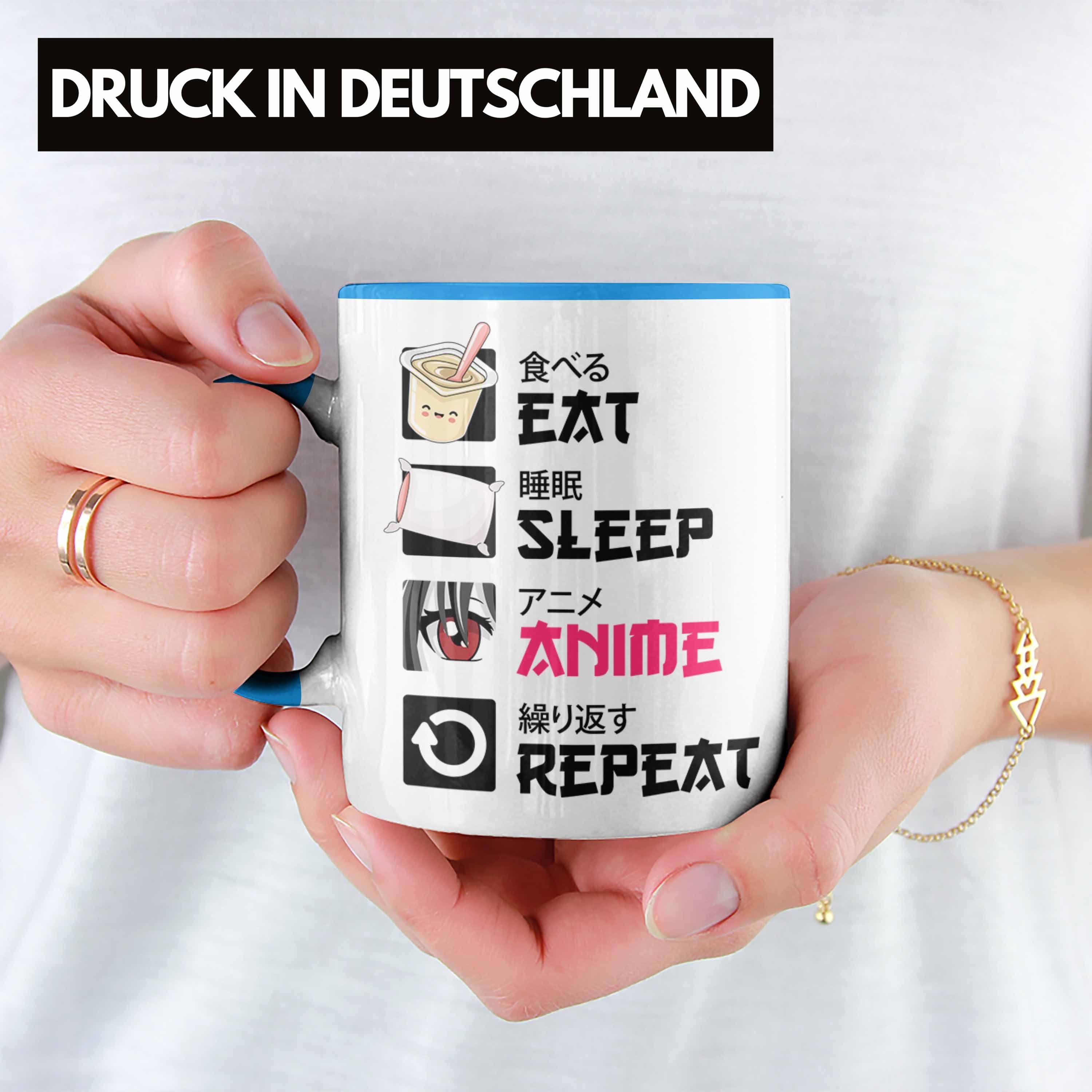 Trendation Anime Geschenke Geschenk Deko Kaffeetasse Trendation Sleep - Tasse Eat Blau Spruch Tasse