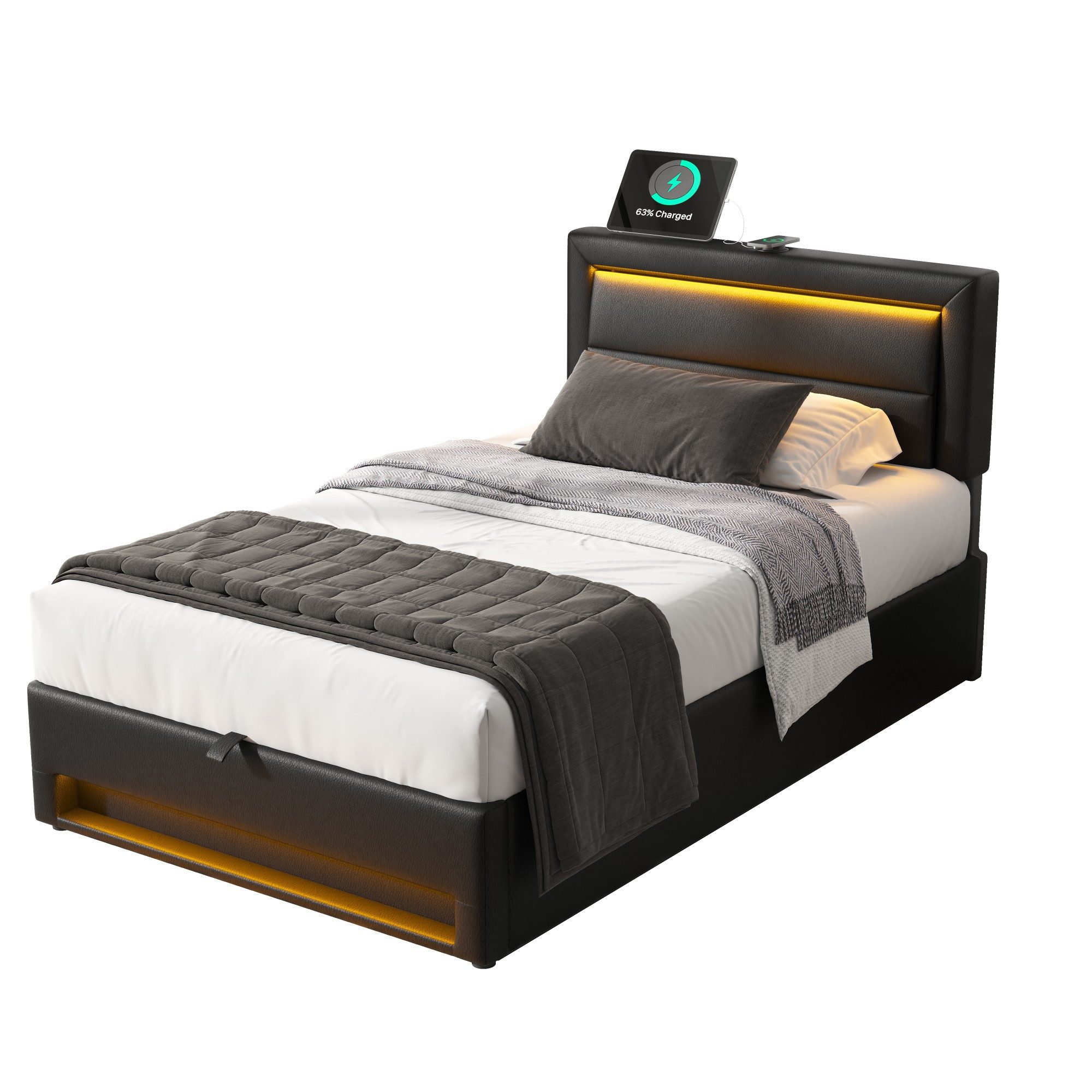 OKWISH Polsterbett mit LED-Beleuchtung und Stauraum günstig online kaufen