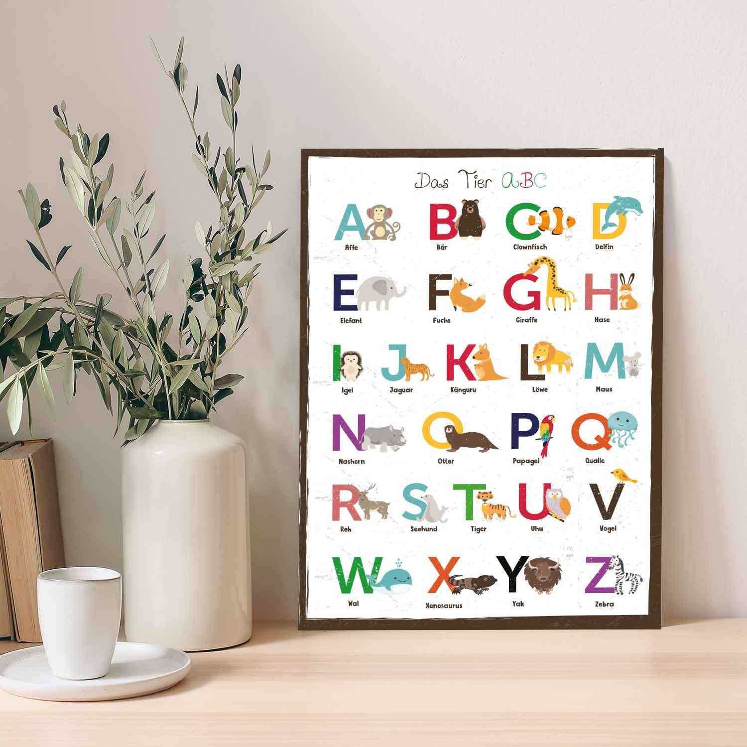 GRAVURZEILE Holzbild mit Spruch - Das Tier ABC - Buchstaben lernen im Kinderzimmer -, zur Einschulung - Geschenk
