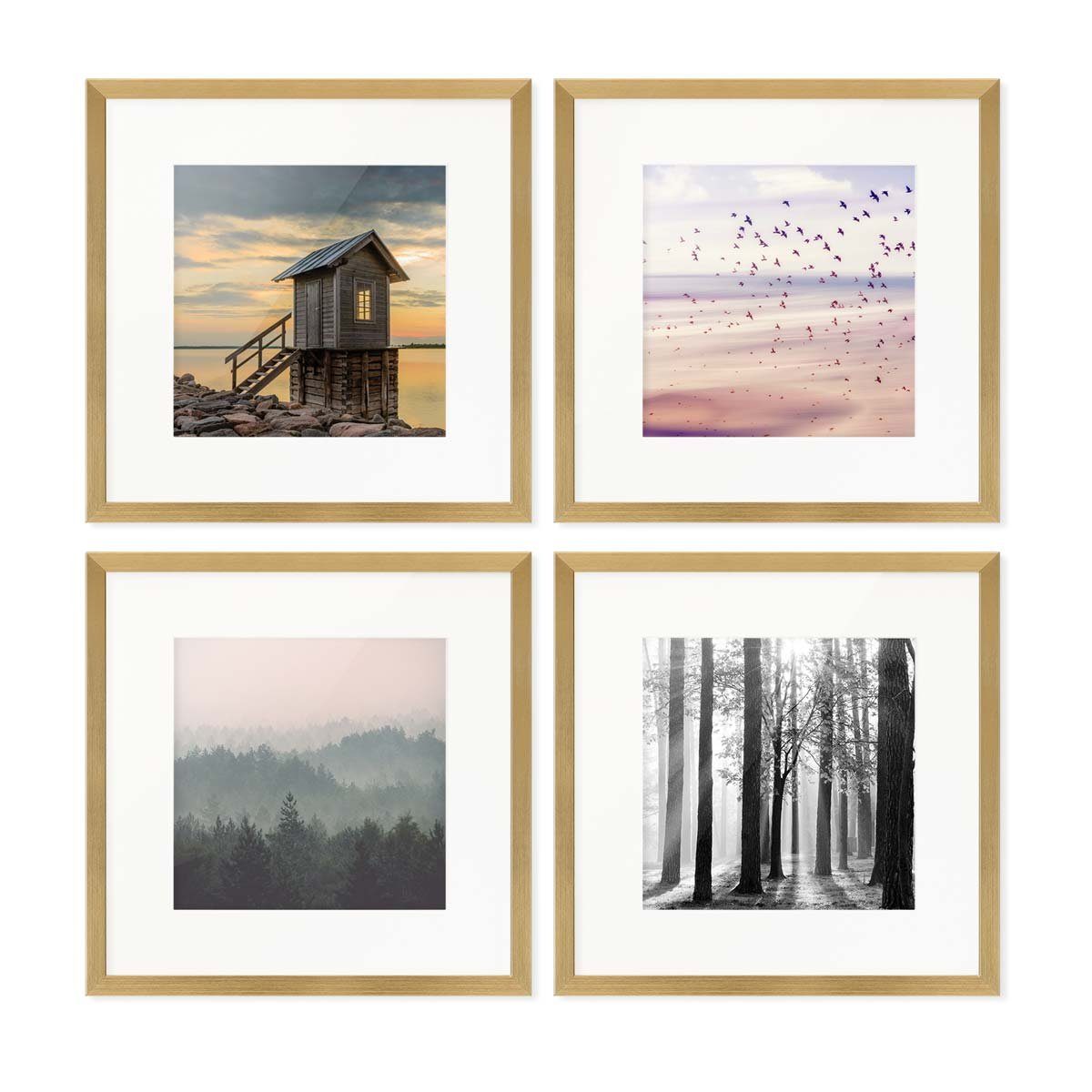 PHOTOLINI Bilderrahmen Sets quadratisch 30x30 cm aus MDF Holz mit Acrylglas & Zubehör, für 4 Bilder (4er Set), 4er Set Gold mit Passepartouts für Bilder in 20x2 – Bild 2 von 5