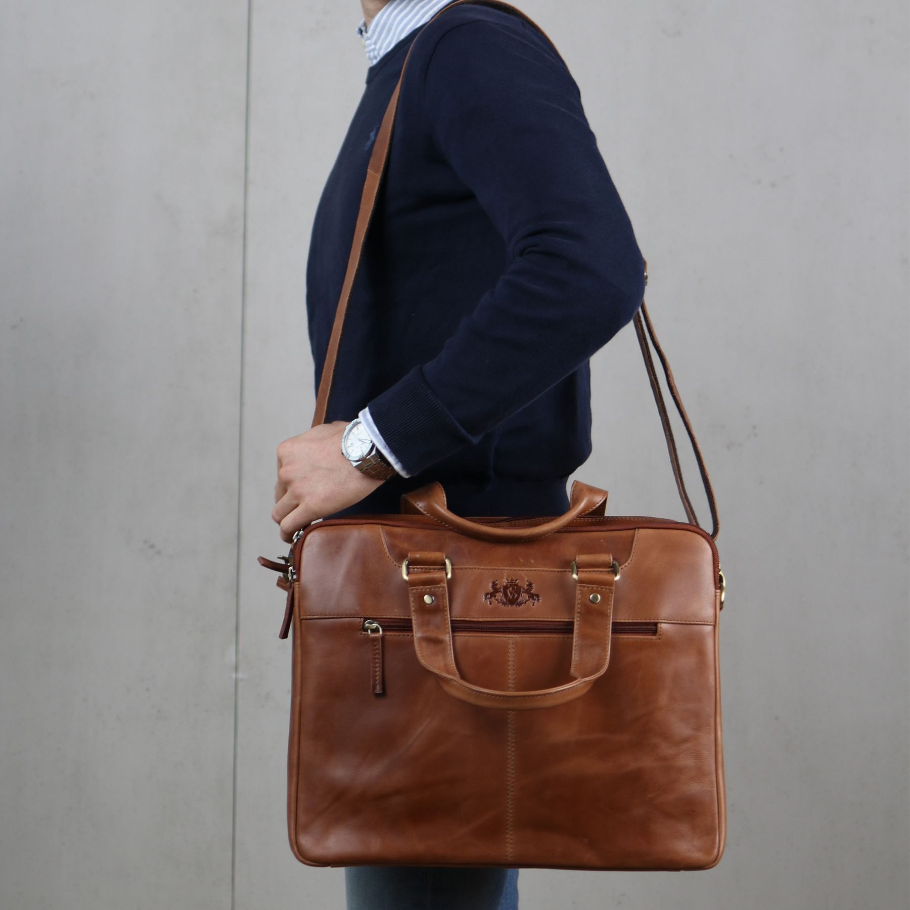 SID & VAIN Umhängetasche echt Leder Aktentasche 15 Zoll Laptop Fach braun, Laptoptasche 15 Zoll Damen Herren, Arbeitstasche Umhängetasche braun
