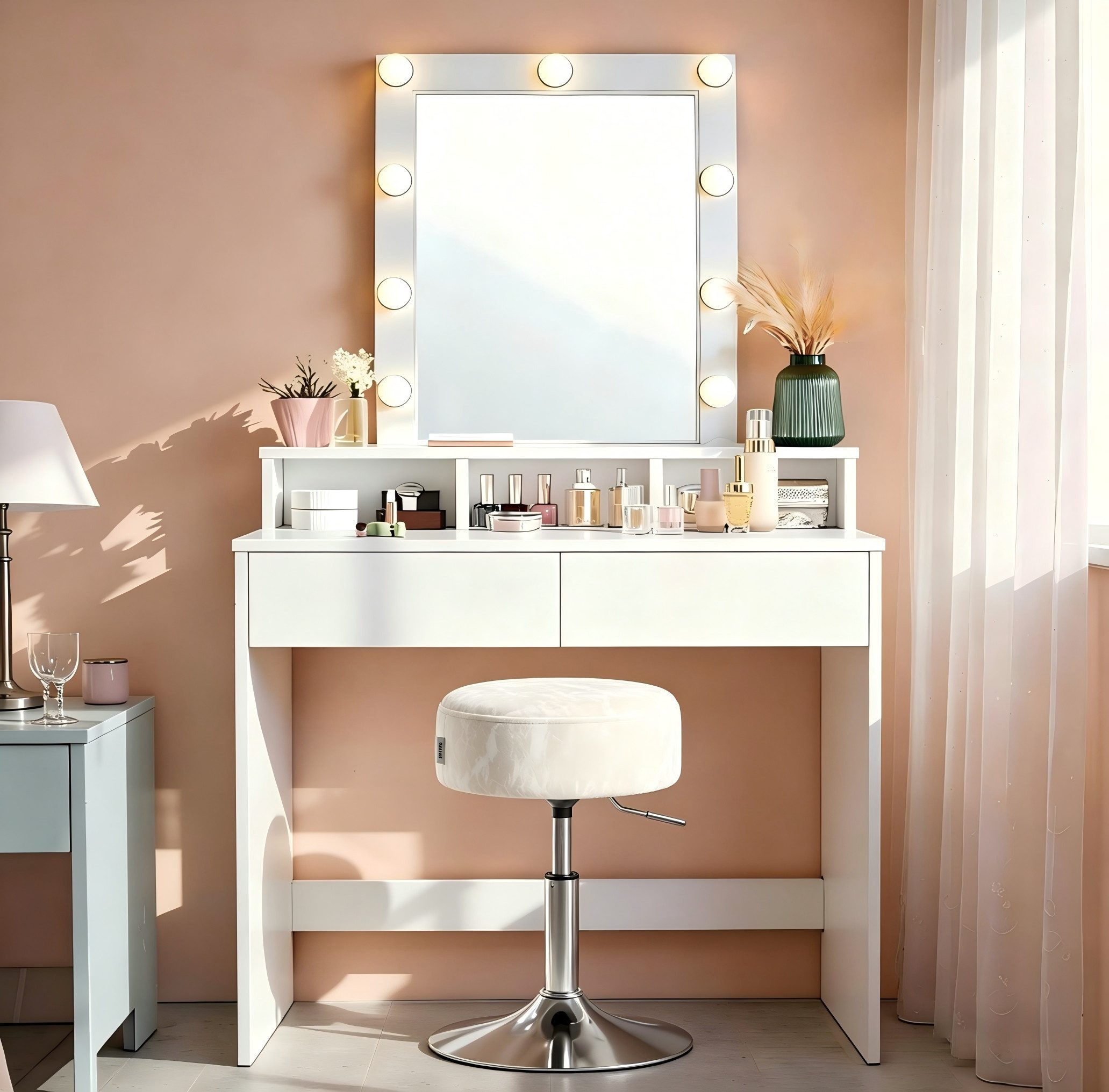 VASAGLE Schminktisch Kosmetiktisch mit LED-Beleuchtung, einstellbare Helligkeit, modern (1 Tisch mit 1 Hocker), mit 2 Schubladen und 3 offenen Fächern, Sitzhocker 360° drehbar