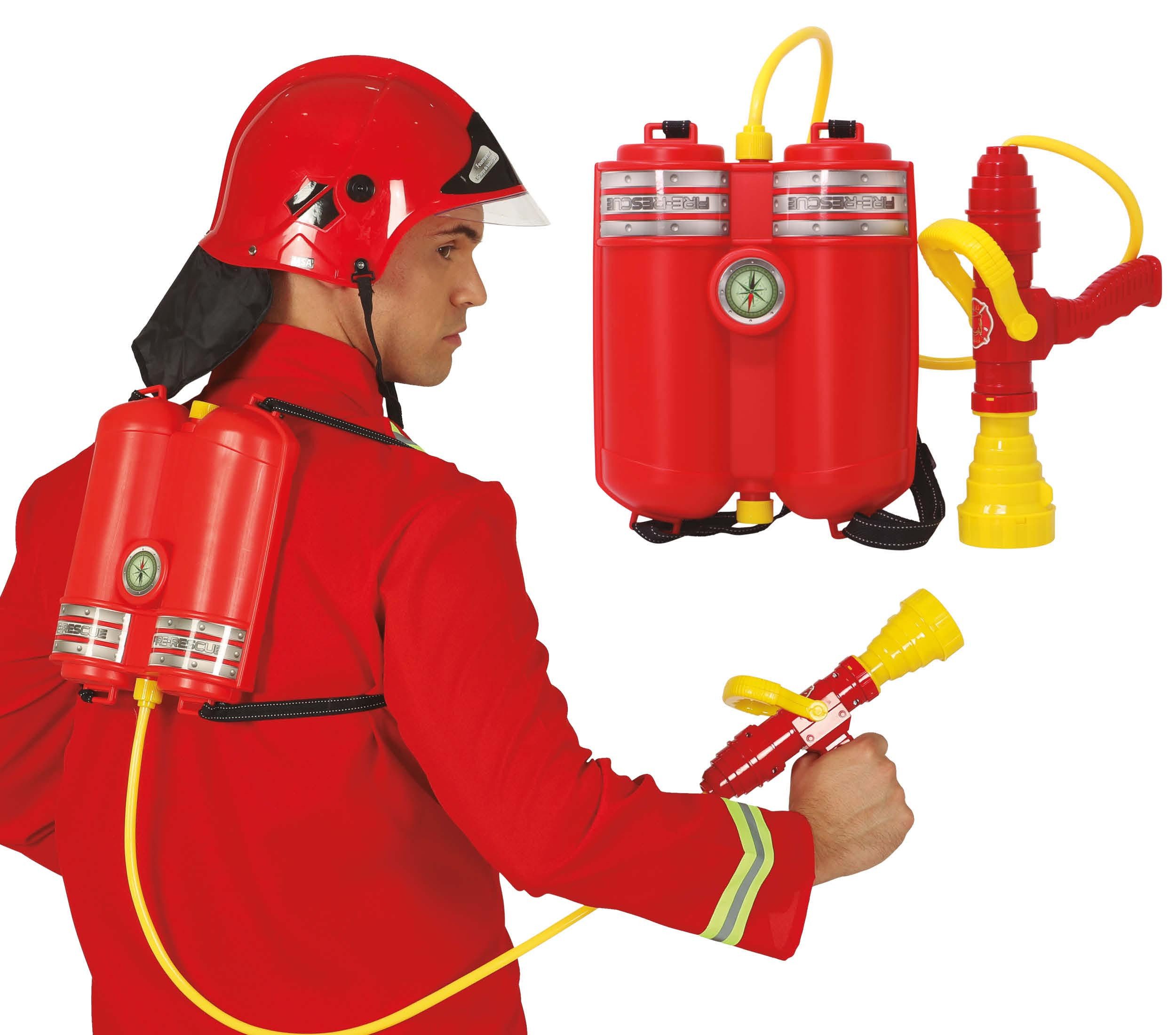 Fiestas Guirca Kostüm, Feuerwehr Rucksack für Erwachsene mit Schlauch Accessoire