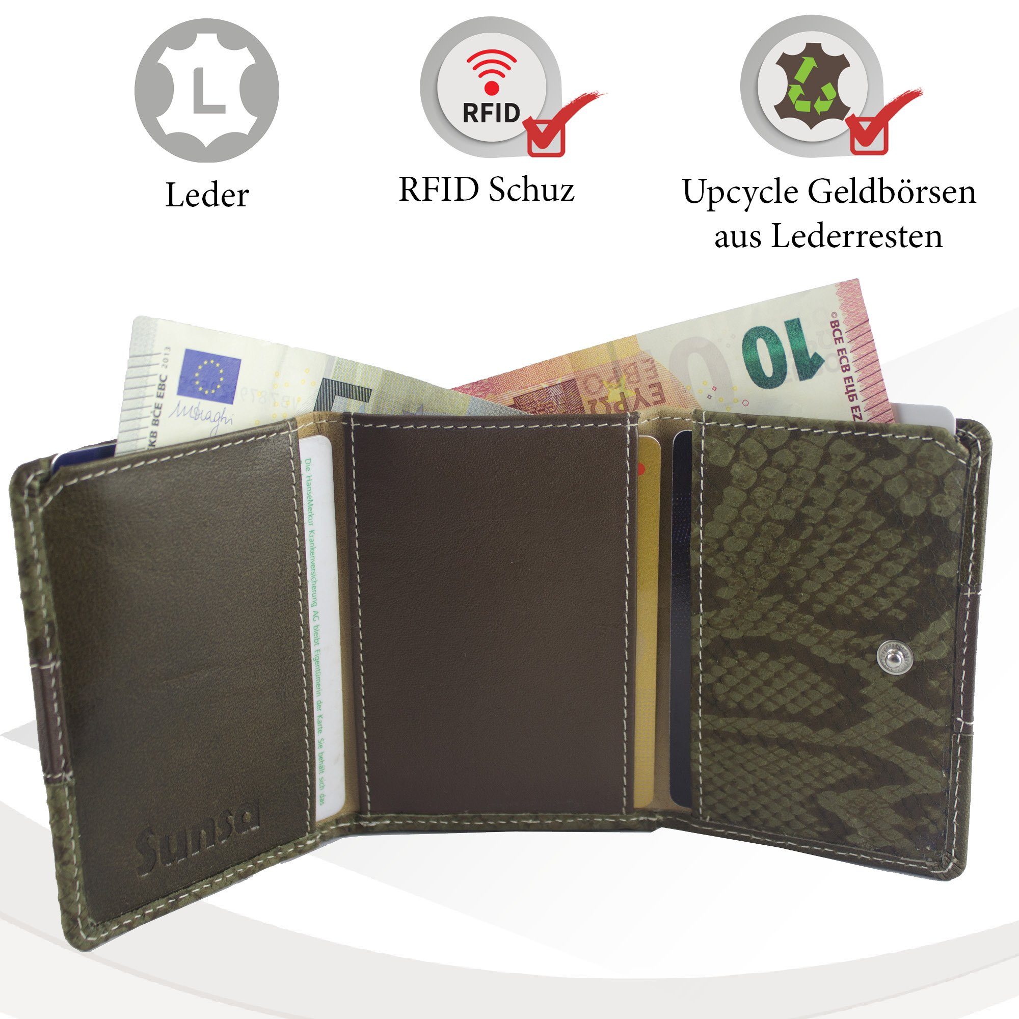 Geldbörse mit Geldbörse Mini RFID-Schutz, Lederresten, Khakigrün echt Leder aus Geldbeutel Brieftasche, Damen Leder, echt kleine recycelten Unisex Sunsa Portemonnaie