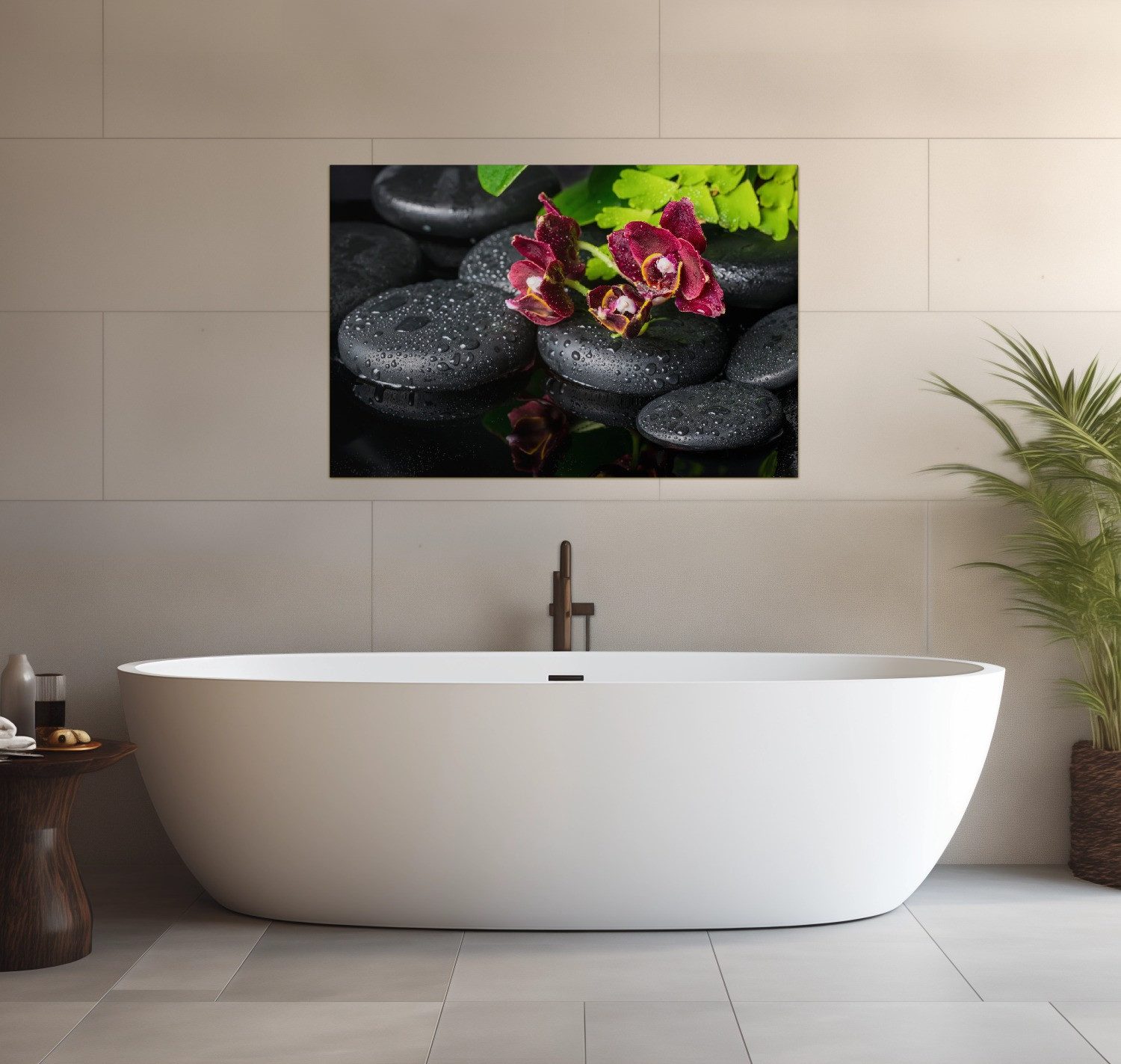 Wallario Wandfolie, Dunkelrote Orchideen-Blüte auf schwarzen Steinen mit Regentropfen, wasserresistent, geeignet für Bad und Dusche