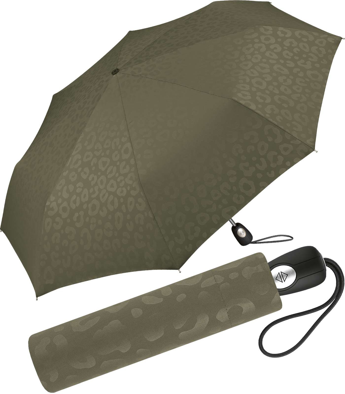 Pierre Cardin Taschenregenschirm schöner Damen-Regenschirm mit Auf-Zu-Automatik, ein Jaguarmuster, das bezaubert olive
