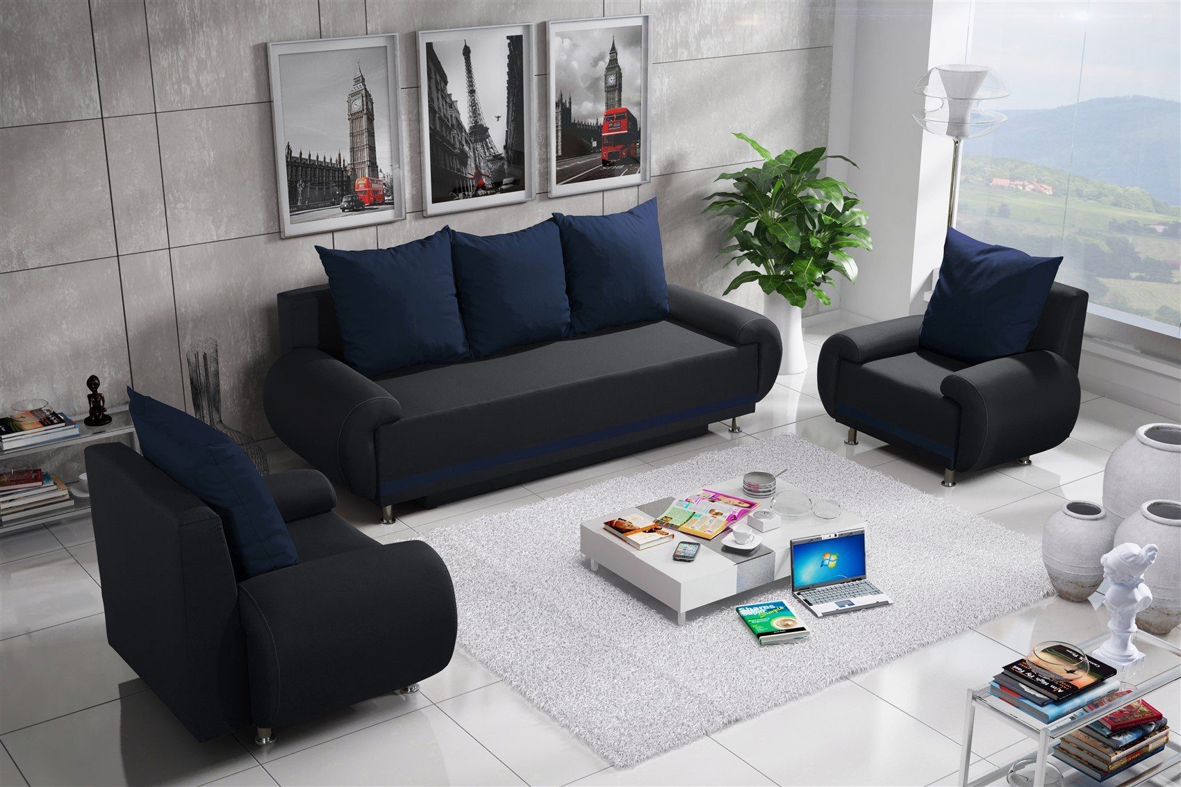 Schlafsofa mit inkl. 3 mit Sofa MIKA Fun Designersofa Bettkasten Anthrazit-Blau 3-Sitzer Schlaffunktion, Möbel Rückenkissen,