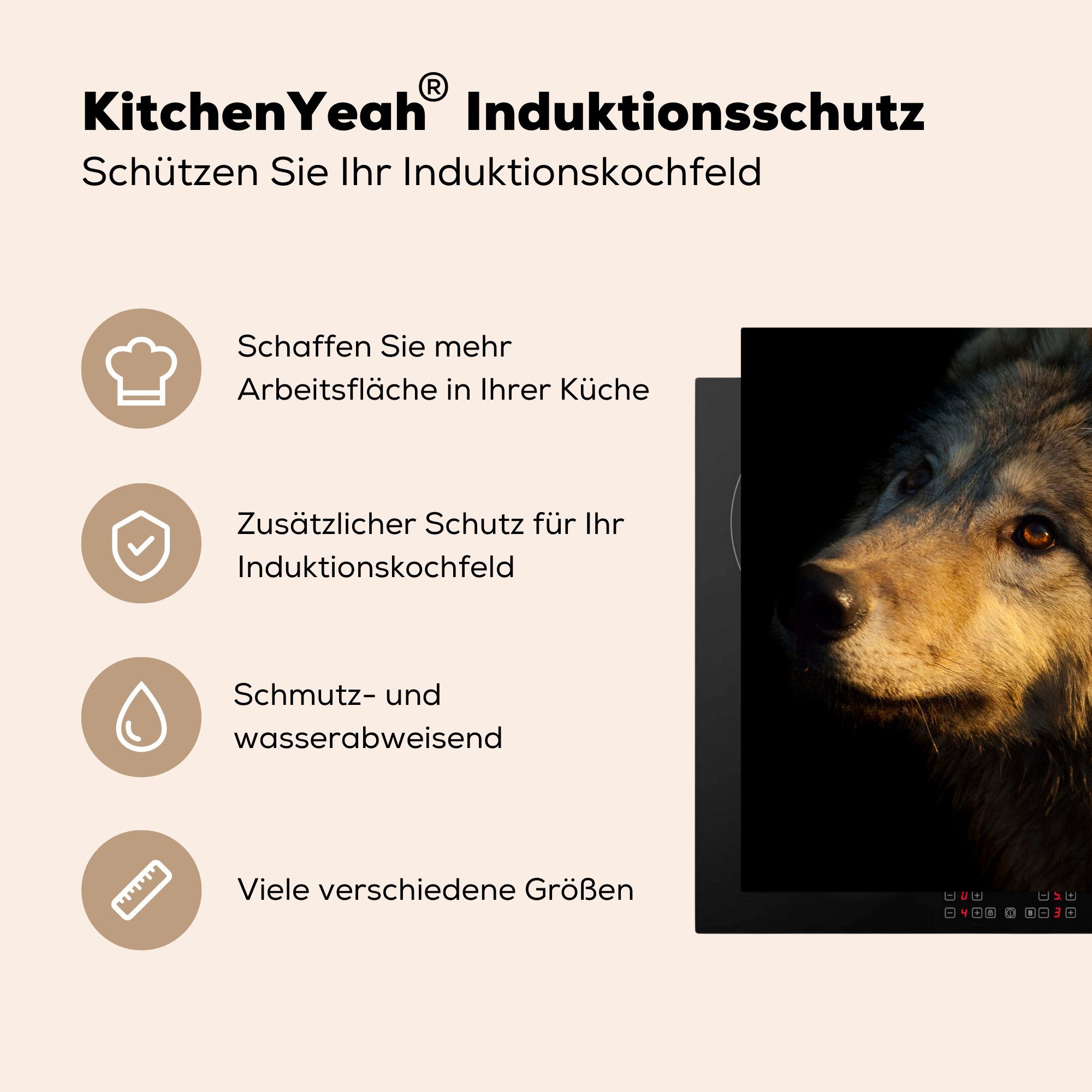 81x52 (1 Induktionskochfeld die Wolf tlg), Sonne, Herdblende-/Abdeckplatte - küche, Gold - Ceranfeldabdeckung Schutz Vinyl, für cm, MuchoWow