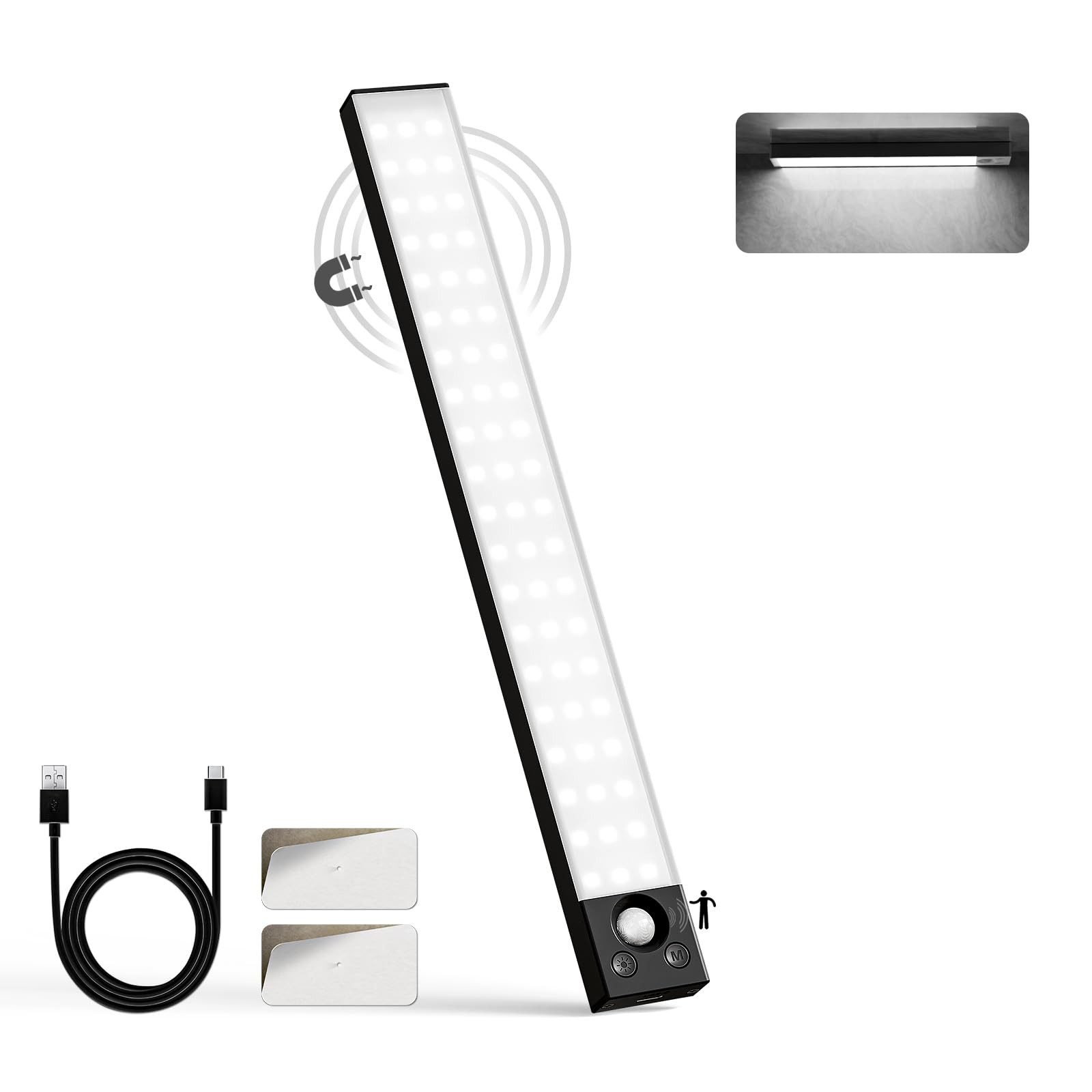 LQWELL LED Unterbauleuchte mit Bewegungsmelder, Dimmbar, Akku, USB-C Wiederaufladbar Schranklicht, LED fest integriert, Treppenlicht, Nachttischlampe 32 cm, 1800 mAh