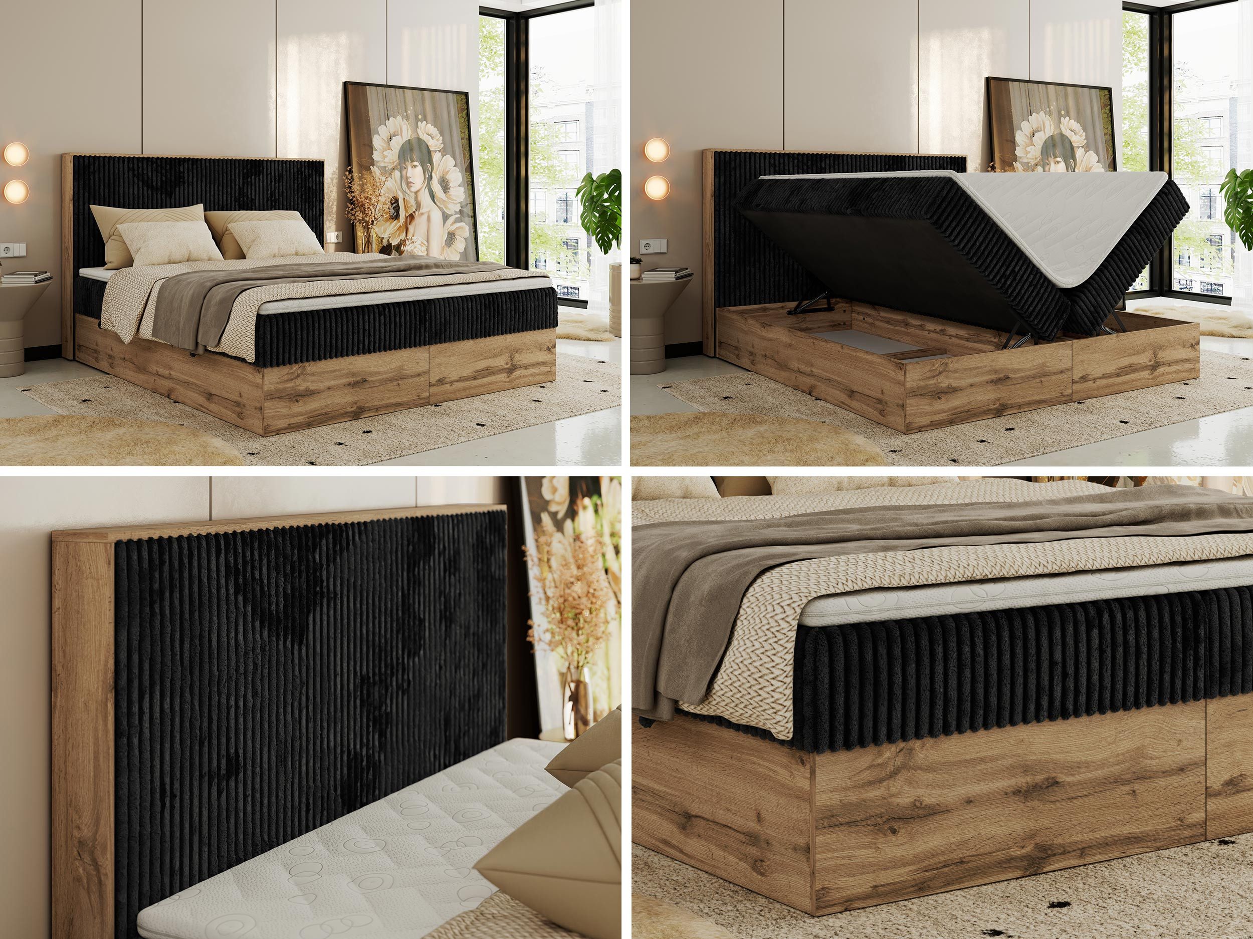 MKS MÖBEL Boxspringbett WOOD CLASSIC (Packung, Set, Topper T25/Visco, hohe Kopfteil, Multipocket-Matratze), Doppelbett, Stauraum, Möbelplattenelementen