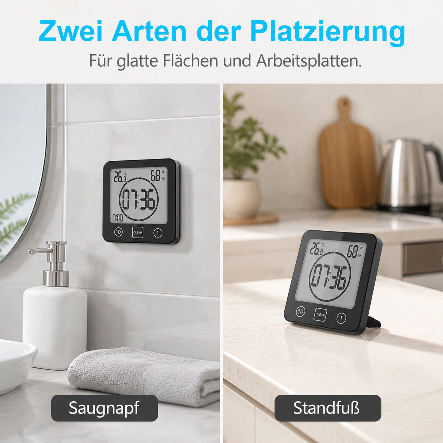 AIMAX Badezimmeruhr Duschuhr mit Saugnapf LCD Display Countdown Timer Für Dusche Küche (Luftfeuchtigkeit Temperatur Wanduhren Funkwanduhr Wecker Wasserdichte) – Bild 5 von 5