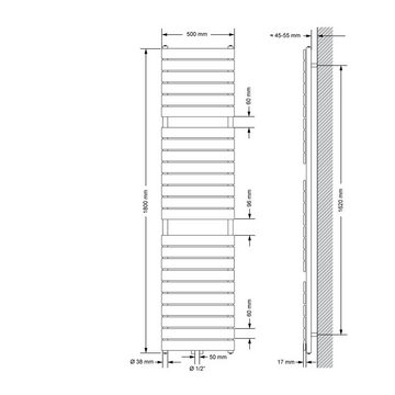 LuxeBath Badheizkörper Paneelheizkörper Steam Handtuchwärmer Handtuchheizkörper, Weiß 500x1800mm Mittelanschluss 50mm Einlagig Flach Vertikal