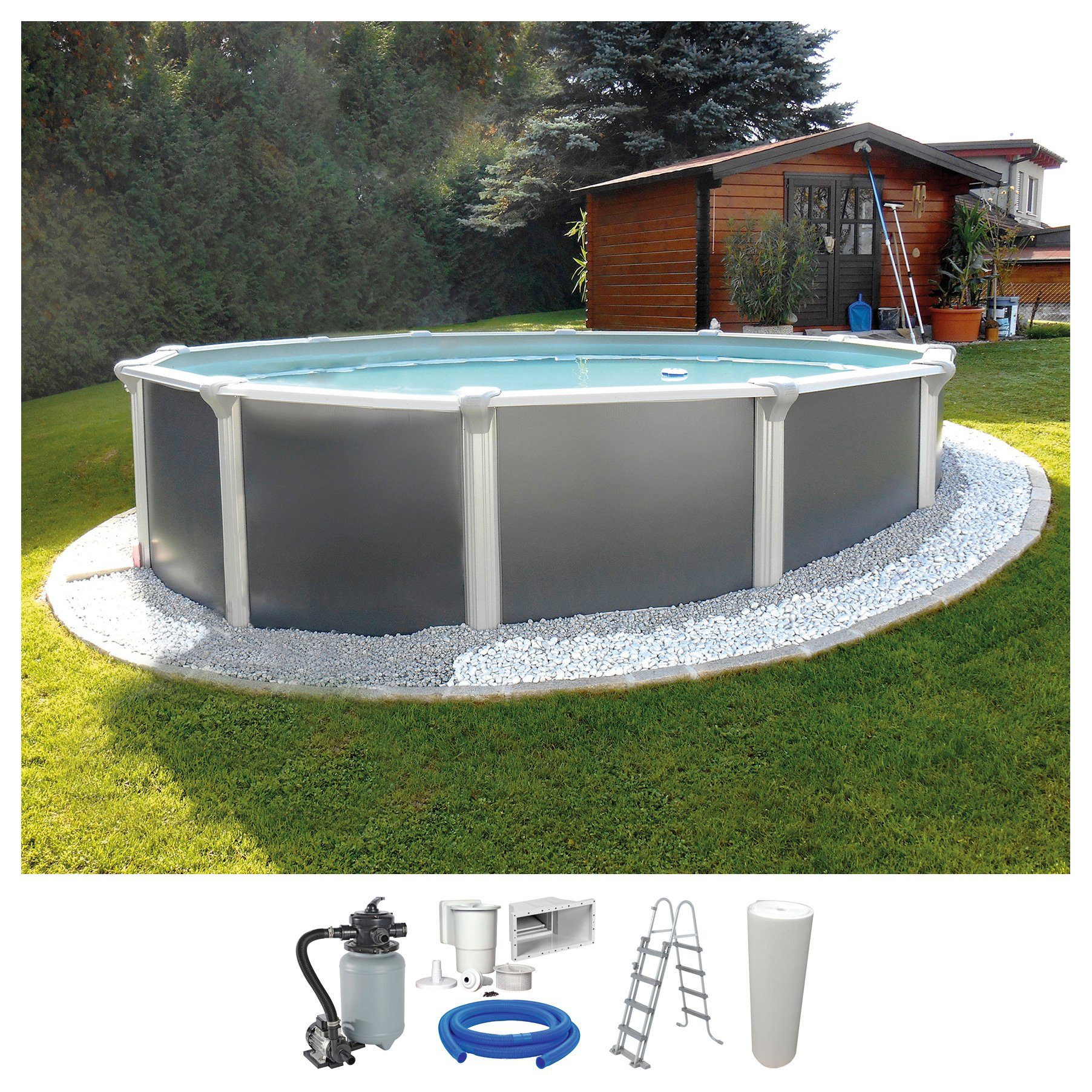 KWAD Rundpool Supreme Design inkl. Sicherheitsleiter und Zubehör (Set, 5-tlg), 5-tlg., Höhe: 132 cm, graue Innenfolie