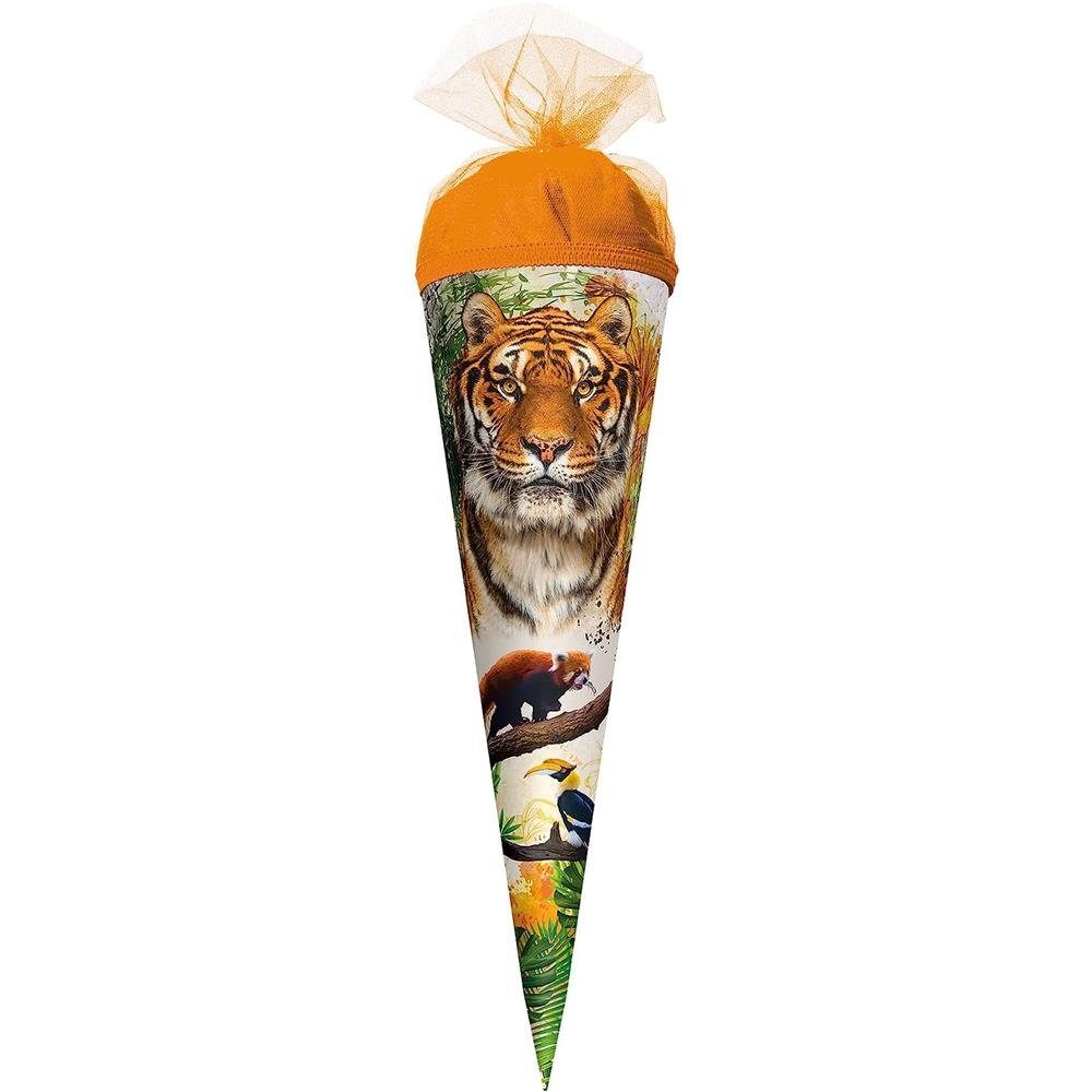 Roth Schultüte Tiger, 22 cm, rund, mit orangem Tüllverschluss, Zuckertüte für Schulanfang | Schultüten