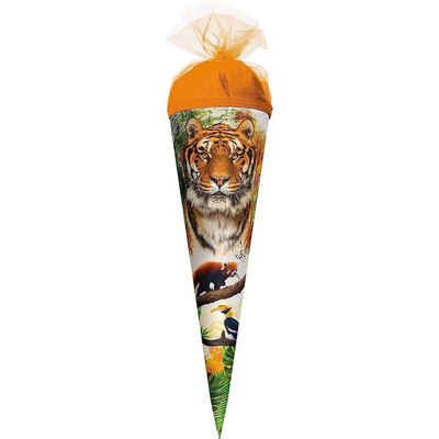 Roth Schultüte Tiger, 22 cm, rund, mit orangem Tüllverschluss, Zuckertüte für Schulanfang