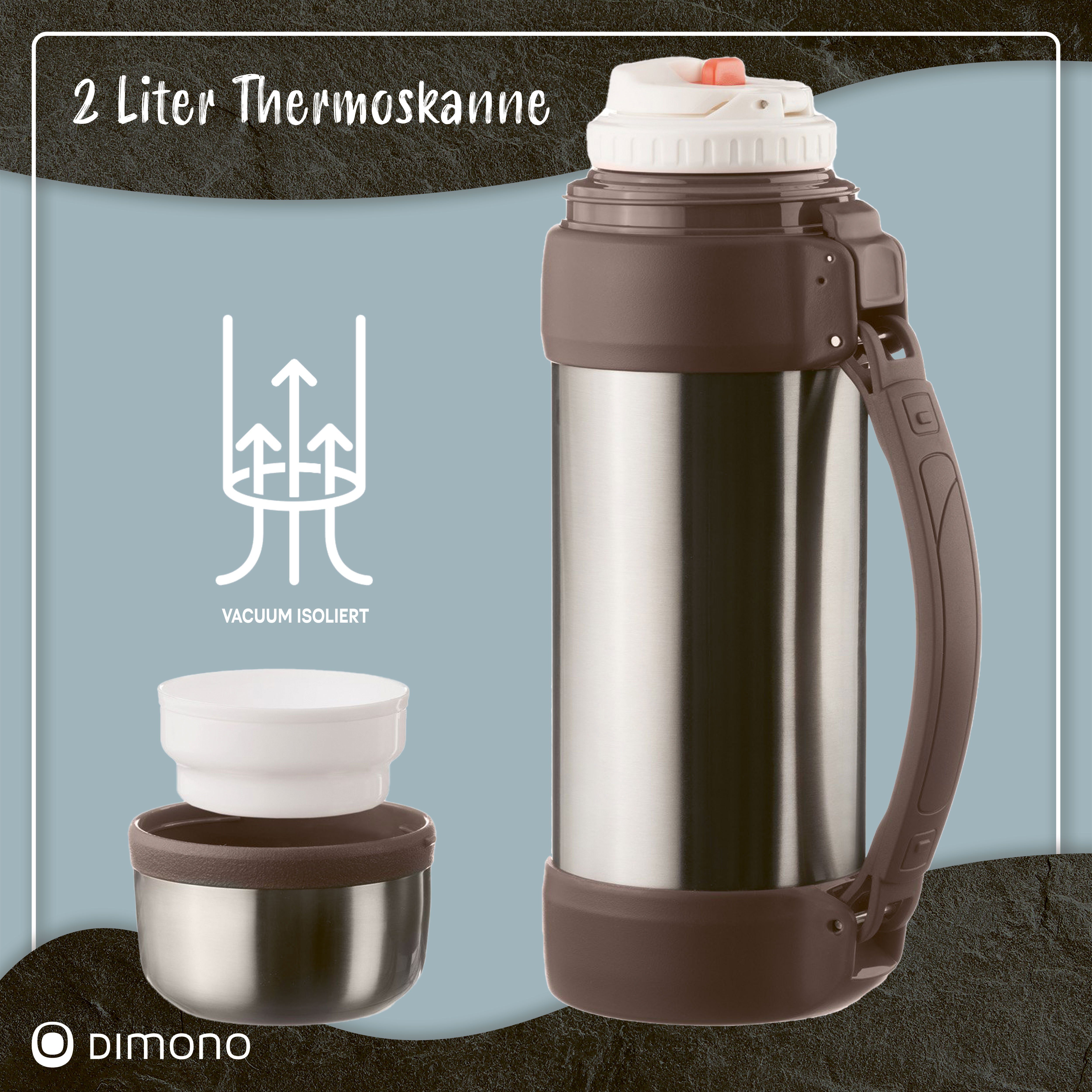 Dimono Thermoflasche Vakuum Isolierkanne Thermoskanne Pur XXL, 2 Liter Isolierflasche Edelstahl