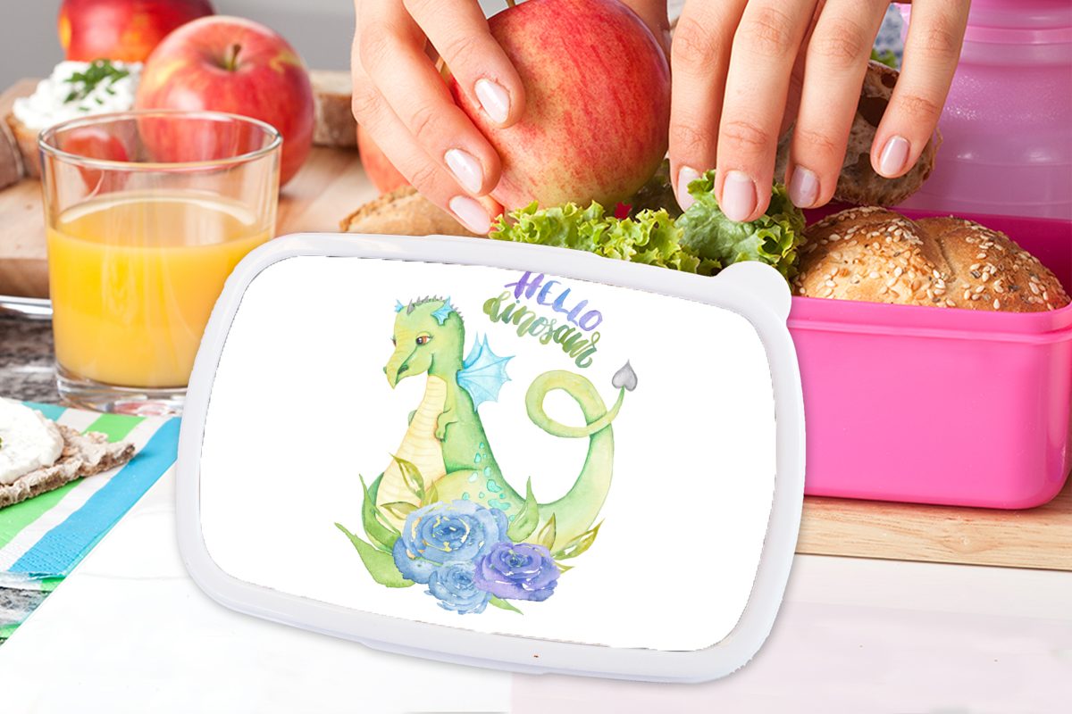 MuchoWow Lunchbox Rosen - Dinosaurier - - rosa Brotdose für - Snackbox, Kunststoff Mädchen, Kinder, Jungen Kinderzimmer (2-tlg), Kinder, - Kunststoff, Brotbox Mädchen Erwachsene