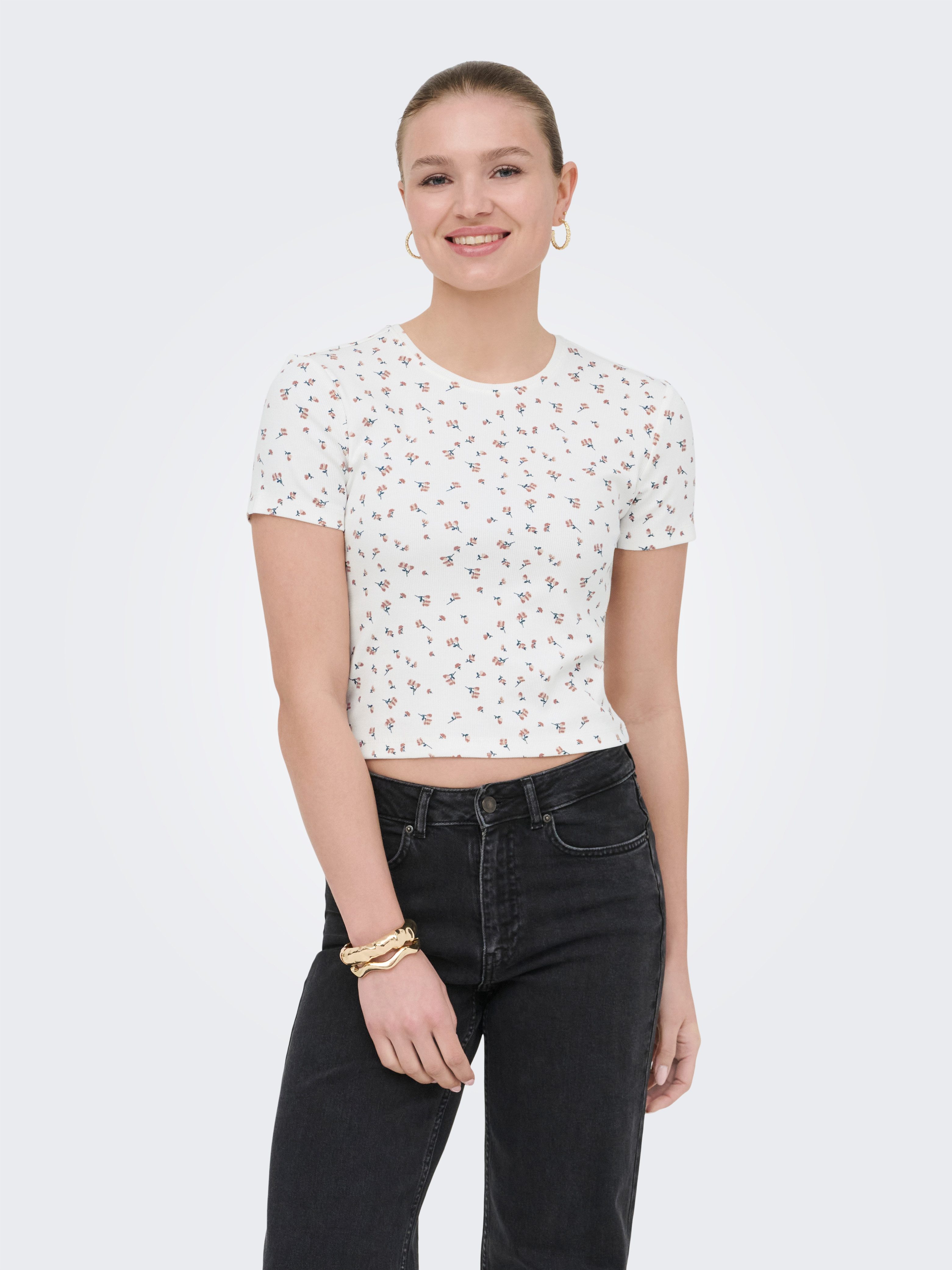 ONLY Kurzarmshirt ONLFENJA LIFE SS AOP TOP JRS NOOS Baumwollmischung, Cropped Fit, Rundhals