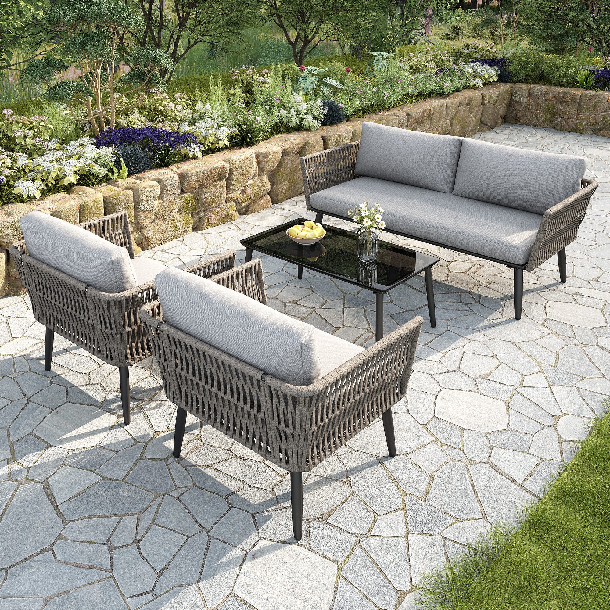 Merax Gartenlounge-Set aus verzinktem Stahl & geflochtenes PE-Seil in Wassergras-Optik, (4-tlg., Sitzgruppe Gartengarnitur-Set Terrassenmöbel Balkonmöbel), 4-Sitzer Gartenmöbel mit Sofa, Sessel & Couchtisch mit Glastischplatte