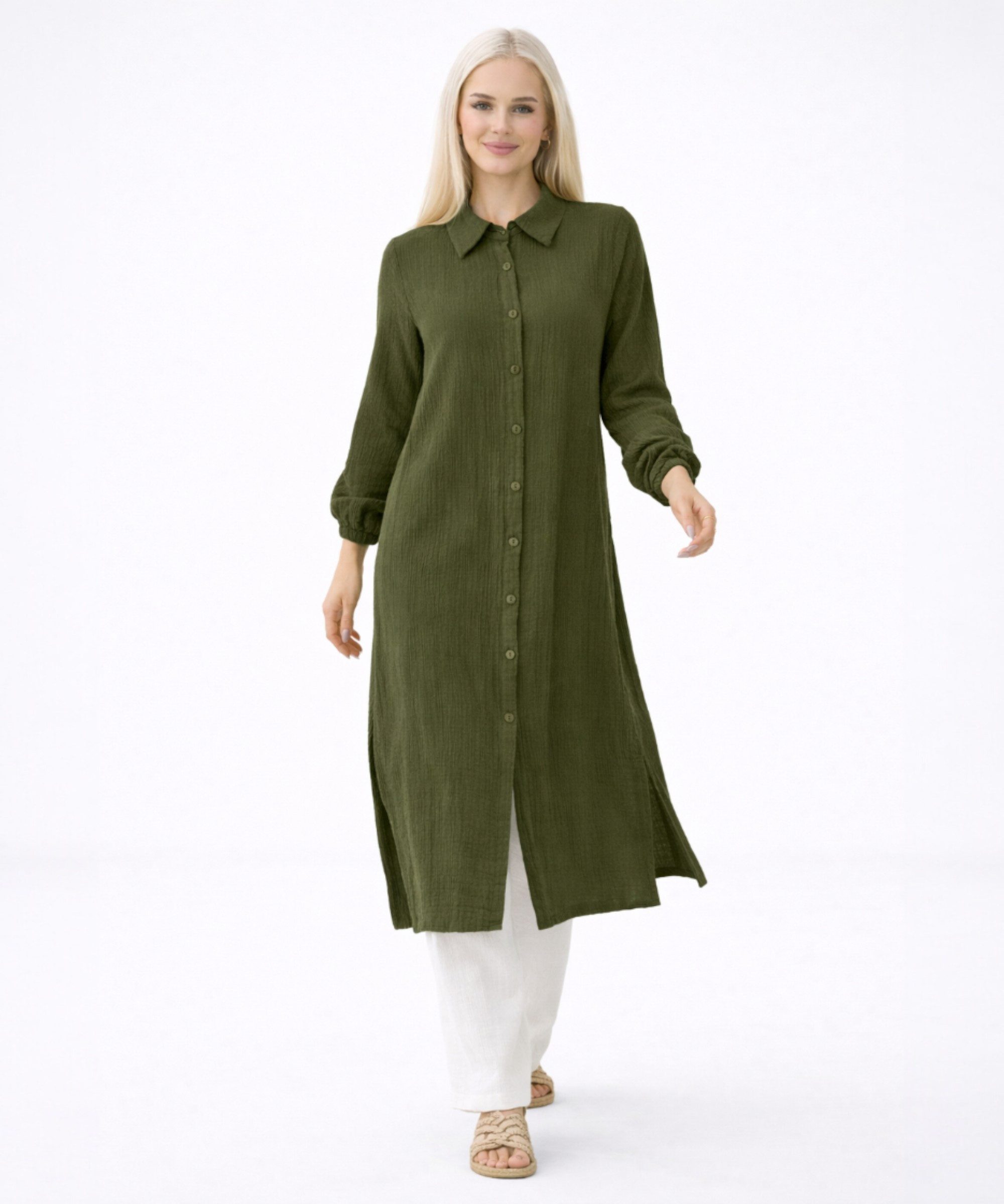 WENOR Longtunika Musselin 130cm lang Kokosknopf 100% Baumwolle Modest Look 36-50