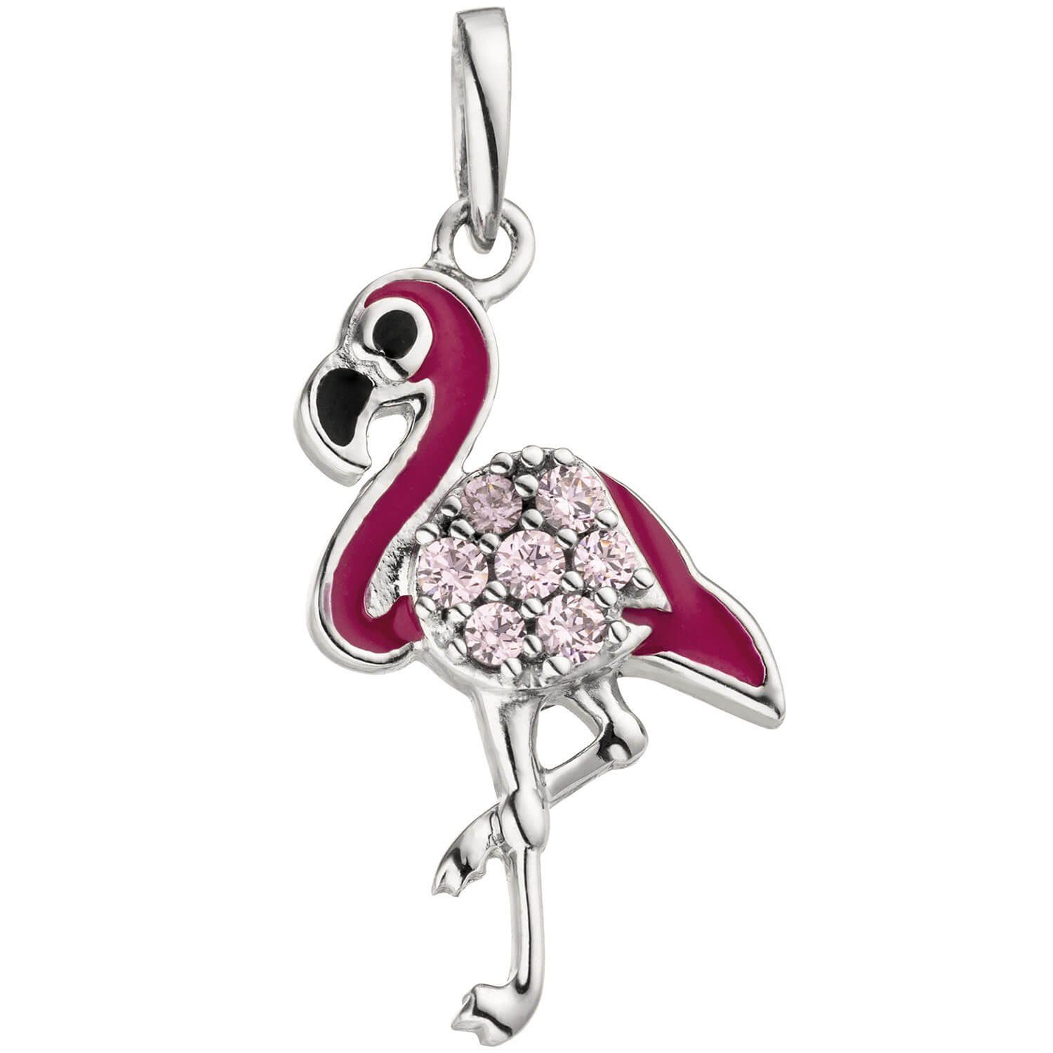 Schmuck Krone Kettenanhänger Anhänger, Flamingo mit rosafarbenden Zirkonia und Lackeinlagen, 925 Silber, Silber 925