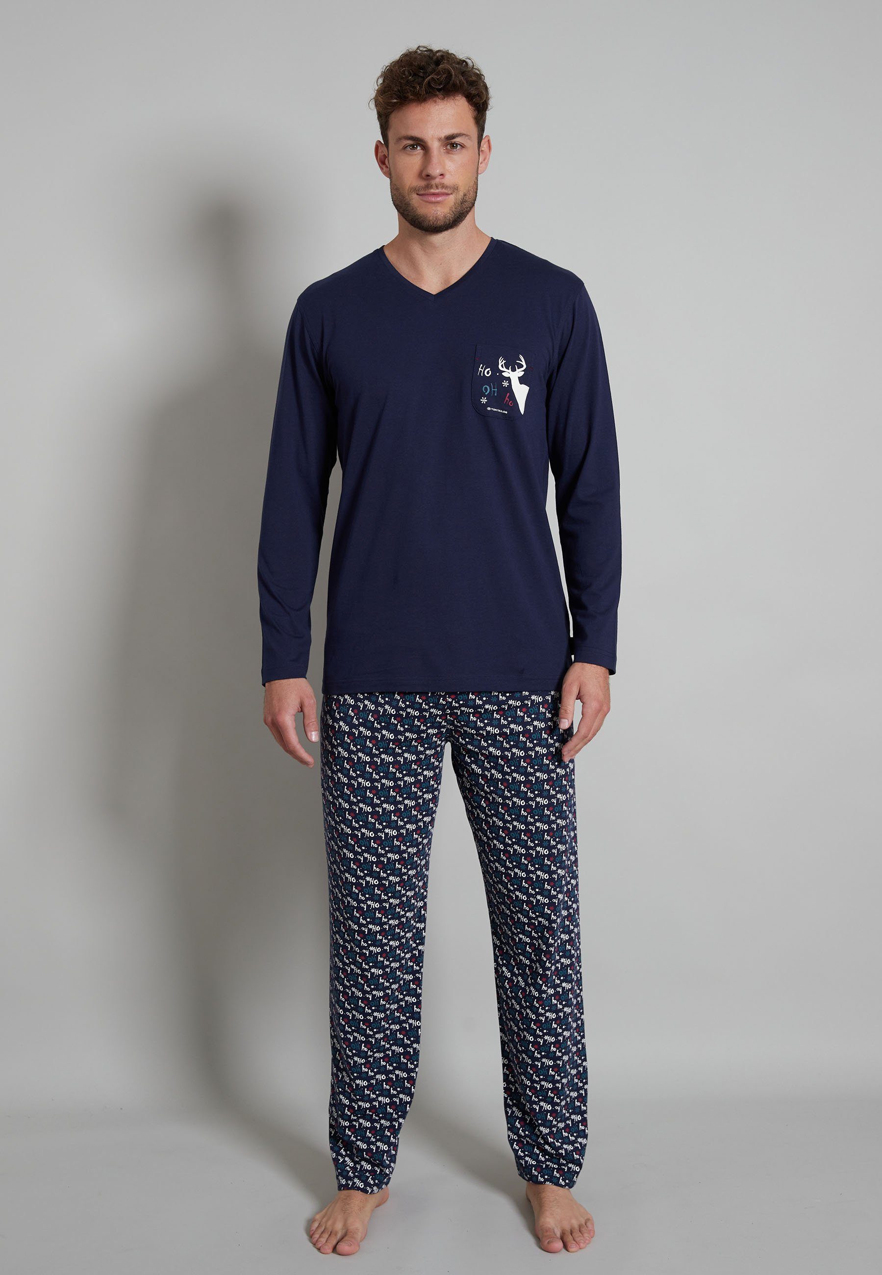 TOM TAILOR Pyjama TOM TAILOR Herren Pyjama blau Motivprint (1 tlg),  Passform: normal / Ausschnitt: V-Ausschnitt | Schlafhosen