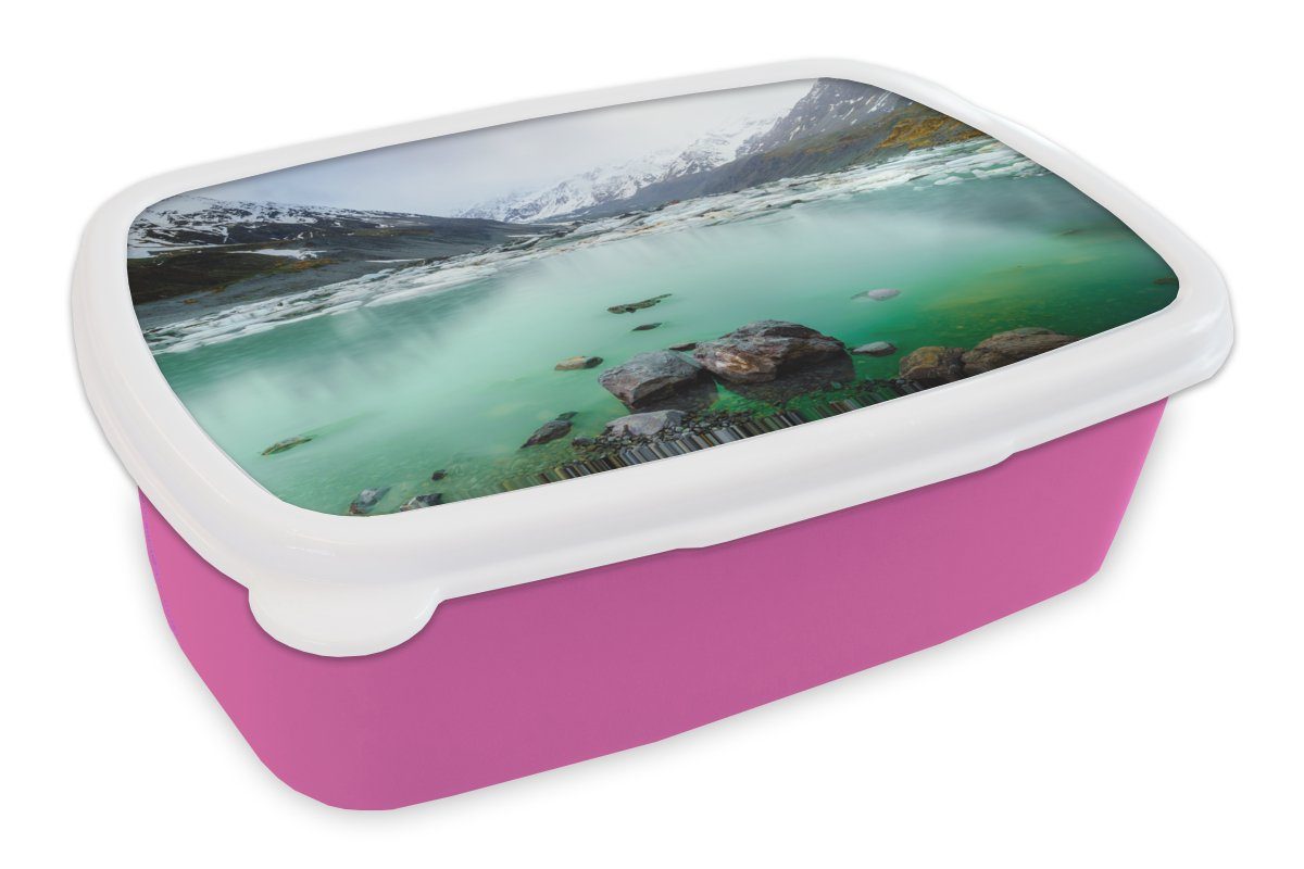 MuchoWow Lunchbox Meer - Berge - Neuseeland, Kunststoff, (2-tlg), Brotbox für Erwachsene, Brotdose Kinder, Snackbox, Mädchen, Kunststoff rosa