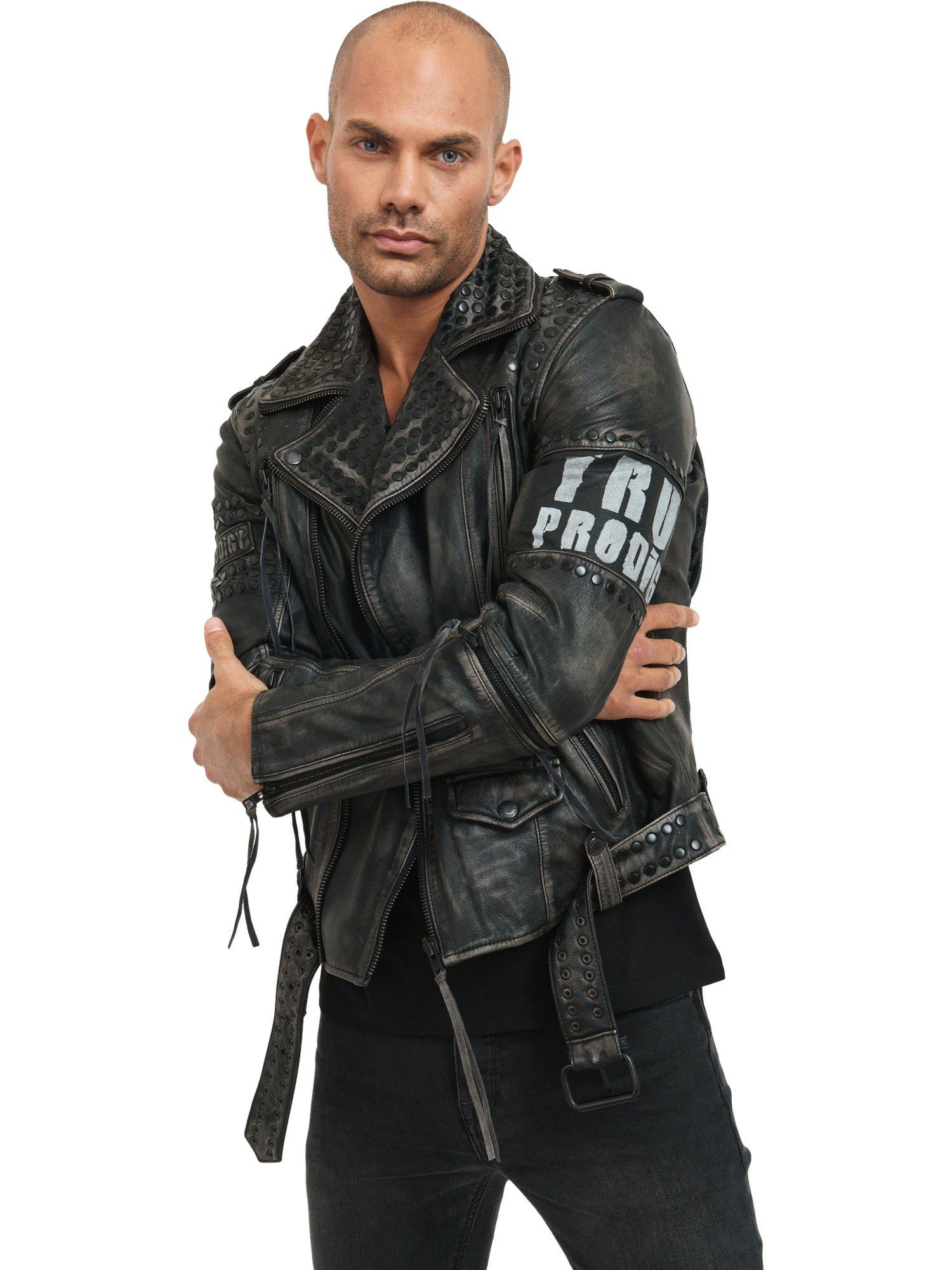trueprodigy Lederjacke Dwayne mit Nieten, Print und Waschung günstig online kaufen